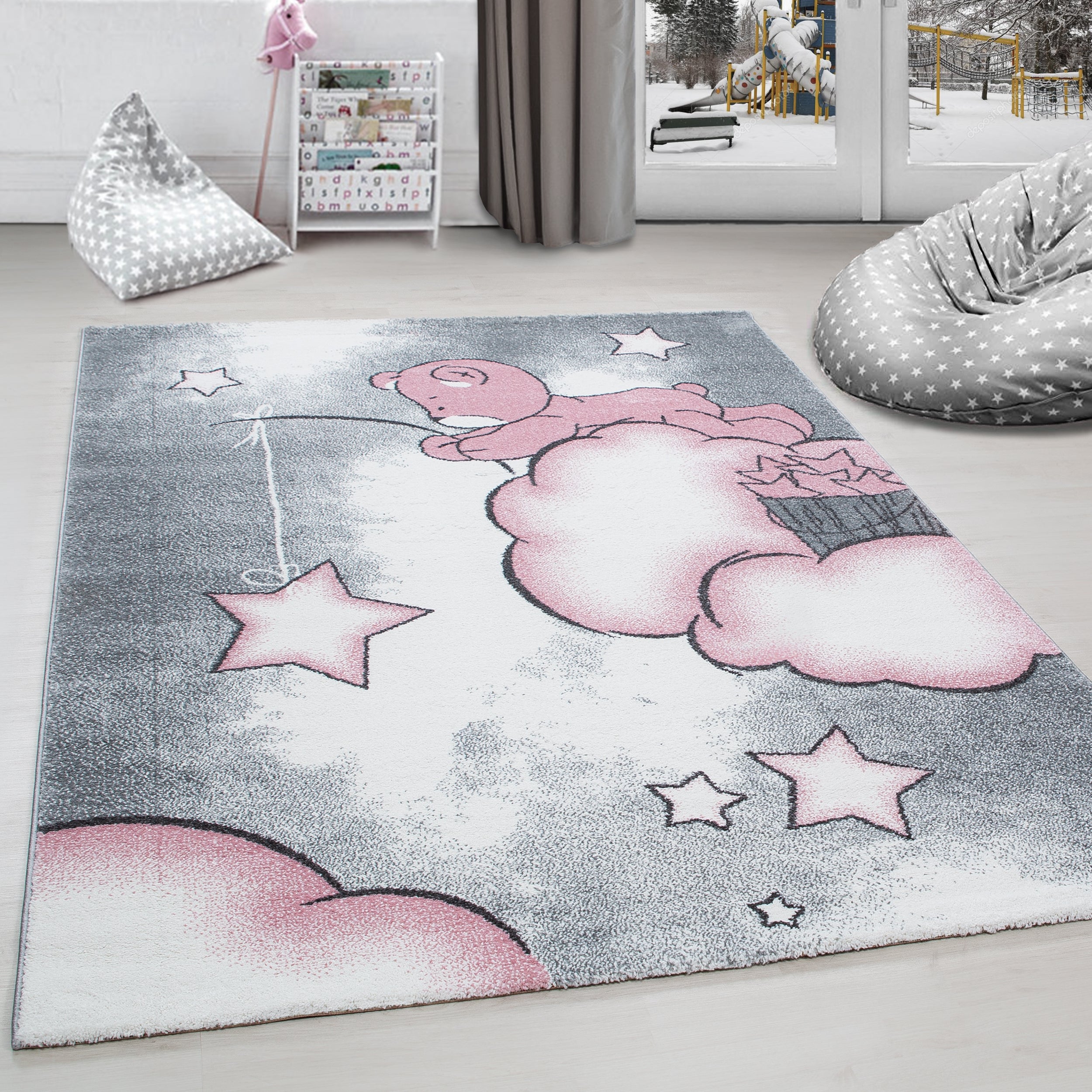 Kinderteppich Mädchen Bär Design Babyzimmer Teppich Kinderzimmer Pflegeleicht