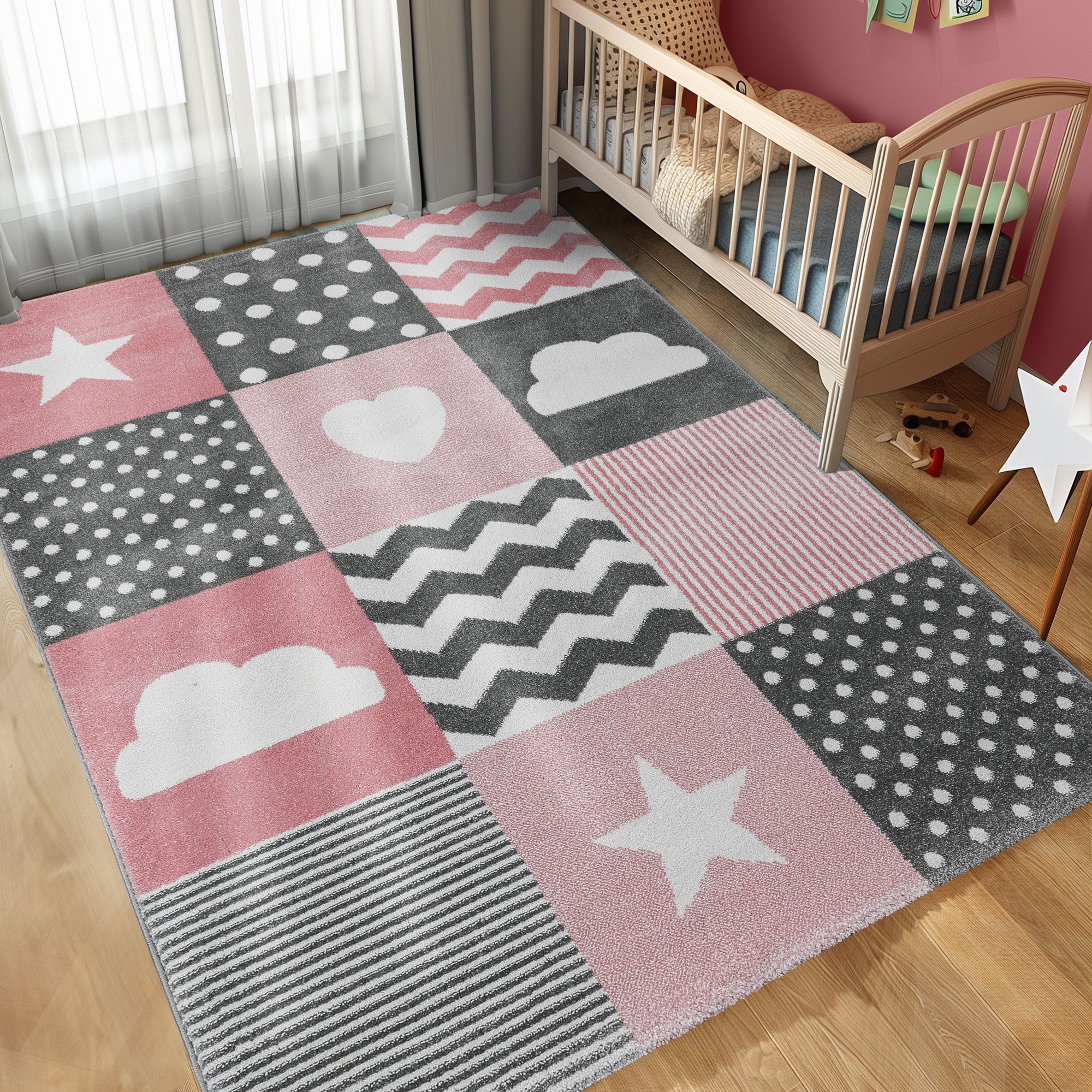 Kinderteppich Mädchen Herz-Stren Karo Design Babyzimmer Teppich Kinderzimmer