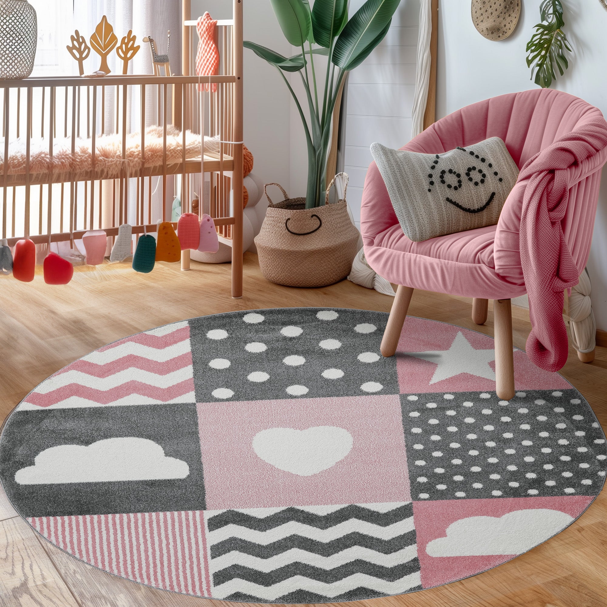 Kinderteppich Mädchen Herz-Stren Karo Design Babyzimmer Teppich Kinderzimmer