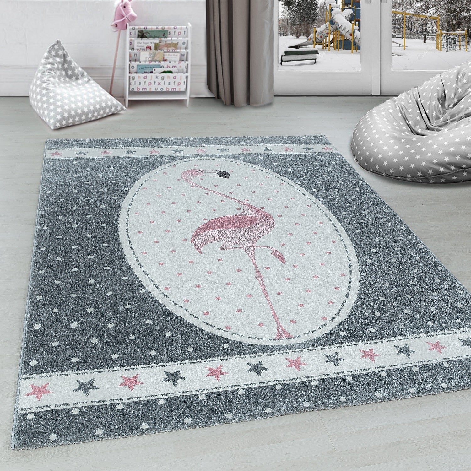 Kinderteppich Mädchen süße Flamingo Design Babyzimmer Teppich Kinderzimmer