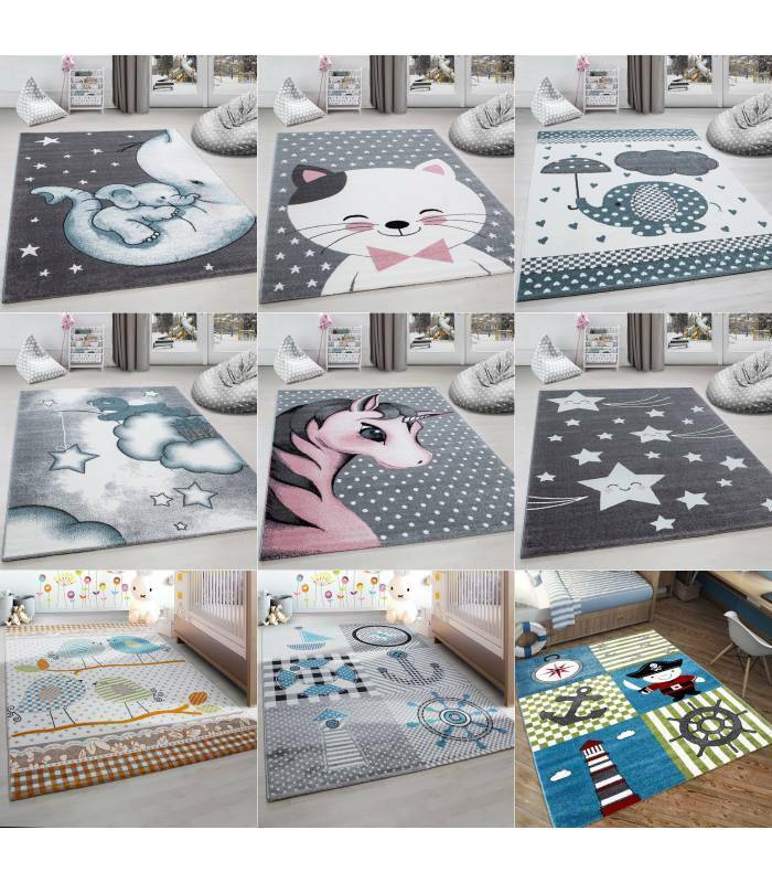 Children's carpet short pile lighthouse seafaring ship children's room gray beige