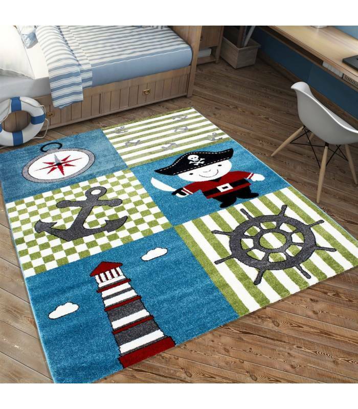Children's carpet short pile lighthouse seafaring ship children's room gray beige