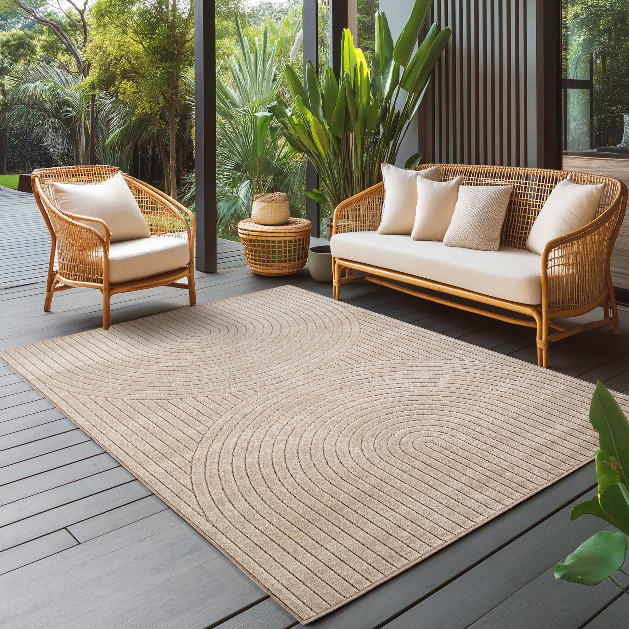 Carpettex Outdoor Teppich Wetterfest Wohnzimmer Balkon, 3D Effekt Waschbar Beige