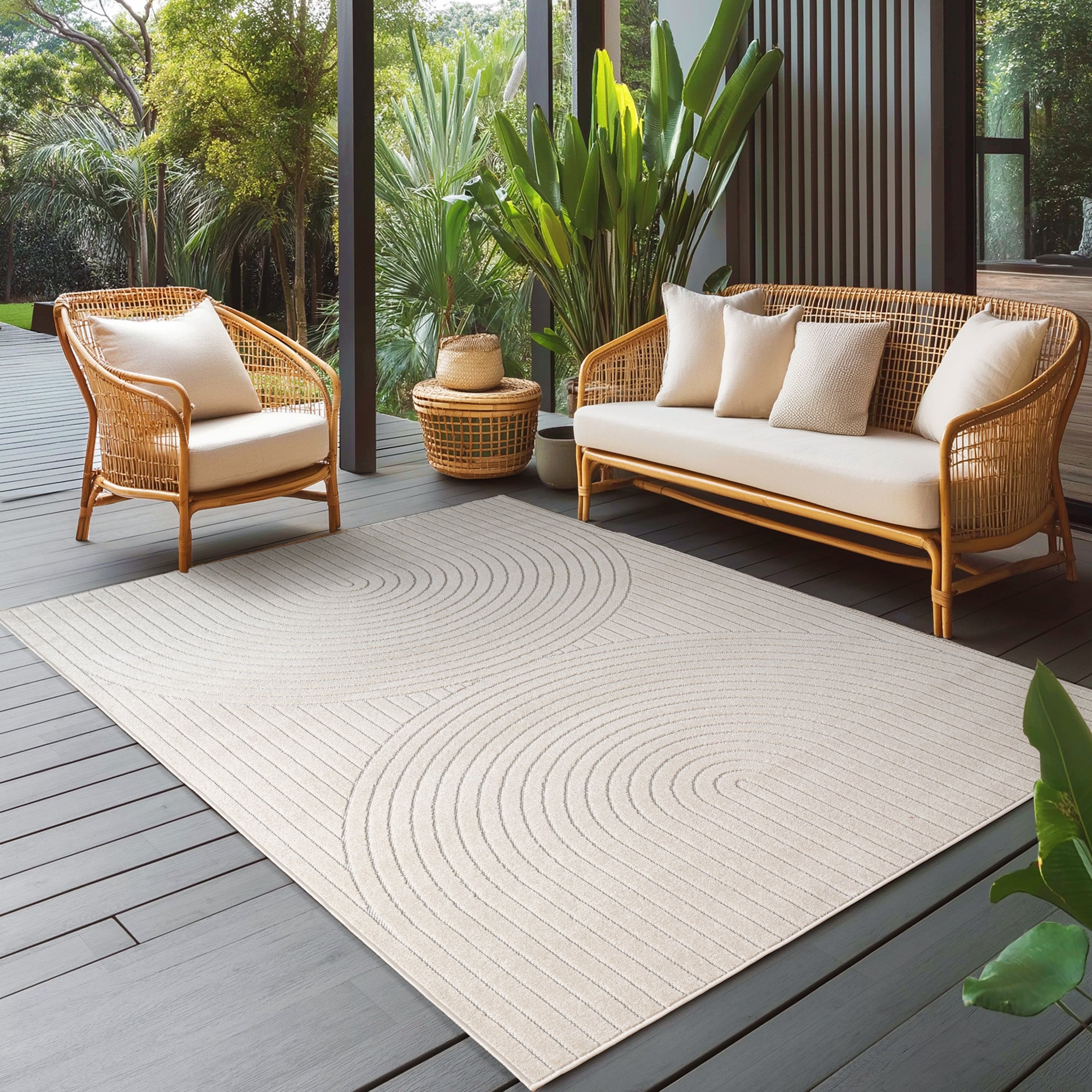 Carpettex Outdoor Teppich Wetterfest Wohnzimmer Balkon, 3D Effekt Waschbar Creme