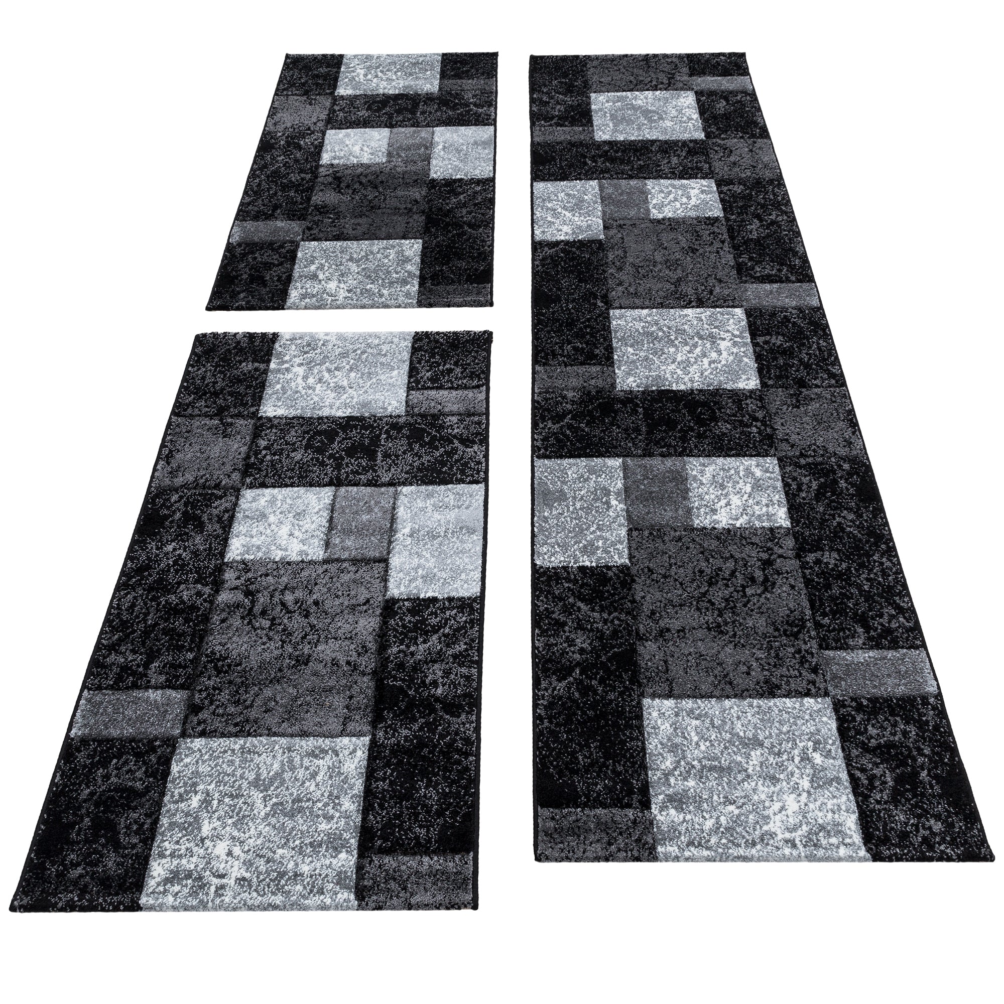 Bettumrandung Modern Läufer Teppich Kariert Muster 3 Teilig Schwarz Grau Weiß