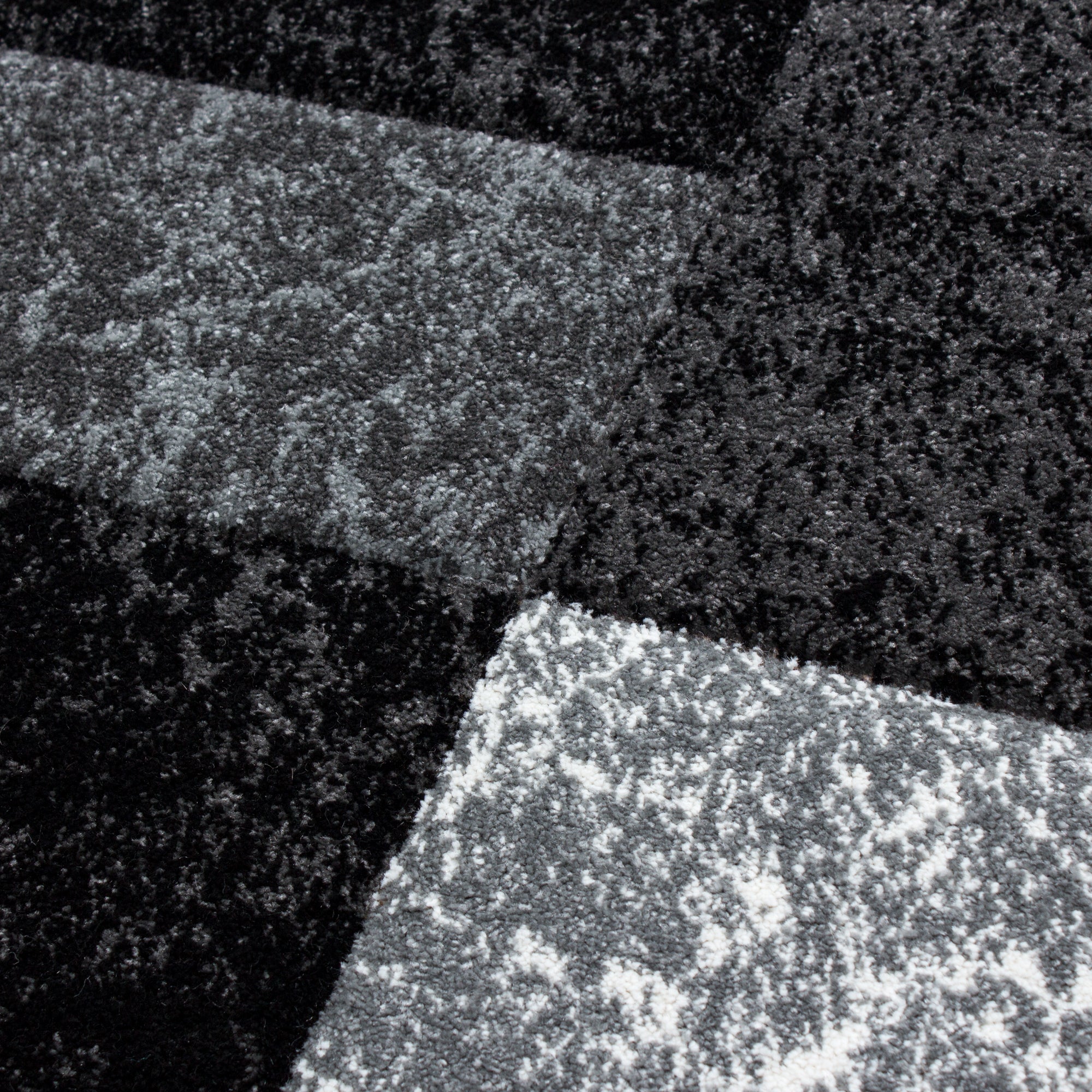 Bettumrandung Modern Läufer Teppich Kariert Muster 3 Teilig Schwarz Grau Weiß