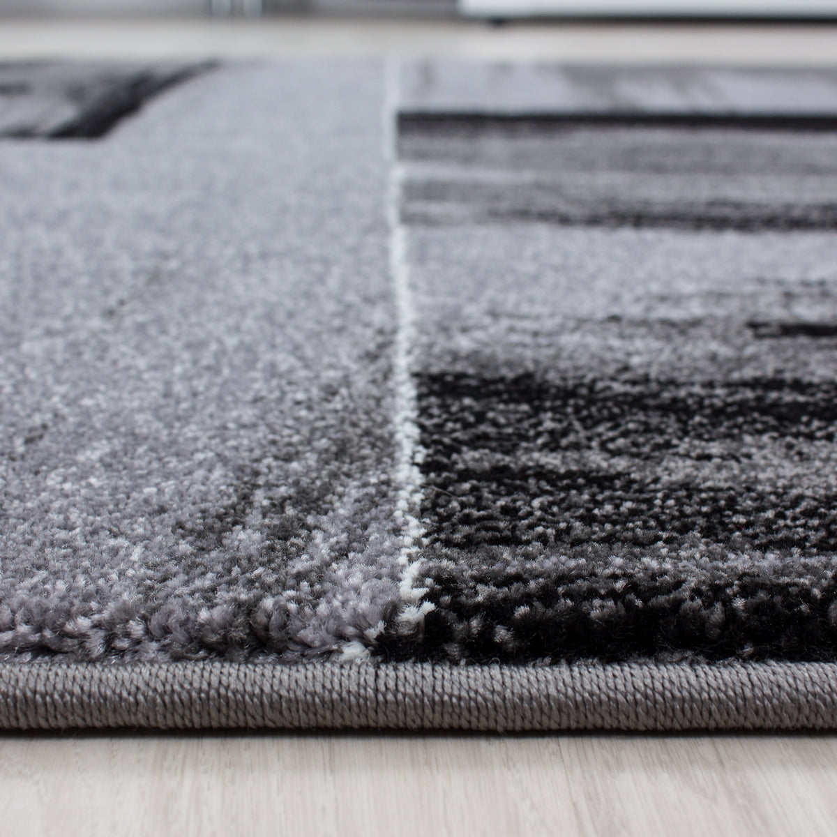 Kurzflor Teppich Läufer-Set Bettumrandung Kacheldesign Grau Schwarz meliert