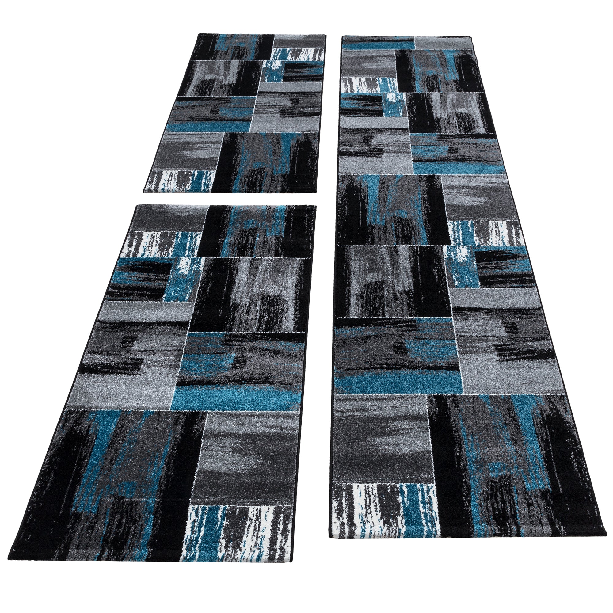 Set de tapis à poils ras 3 pièces bordure de lit gris noir turquoise chiné