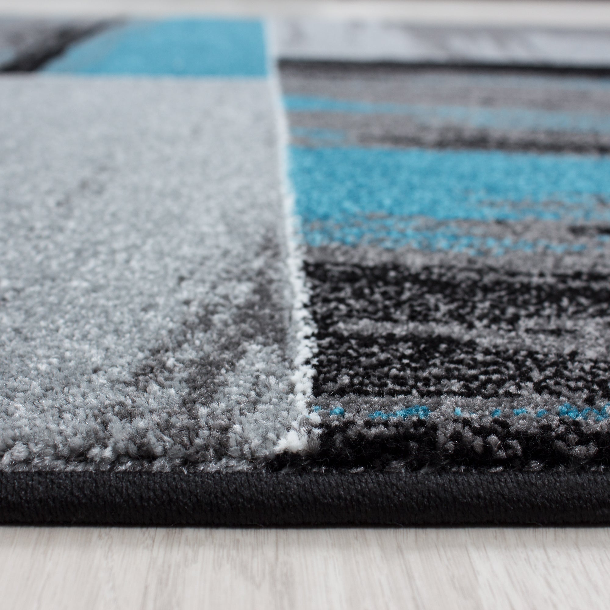 Set de tapis à poils ras 3 pièces bordure de lit gris noir turquoise chiné