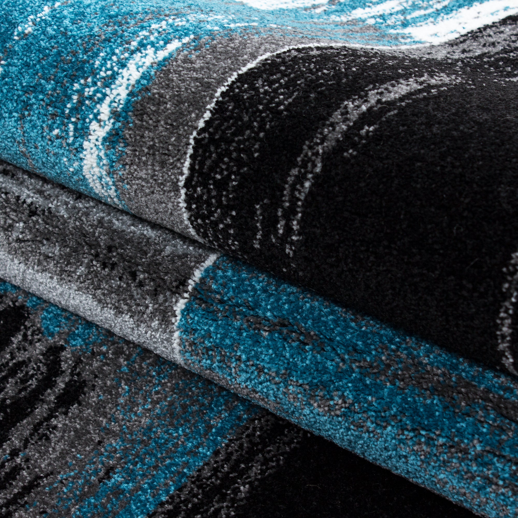 Set de tapis à poils ras 3 pièces bordure de lit gris noir turquoise chiné