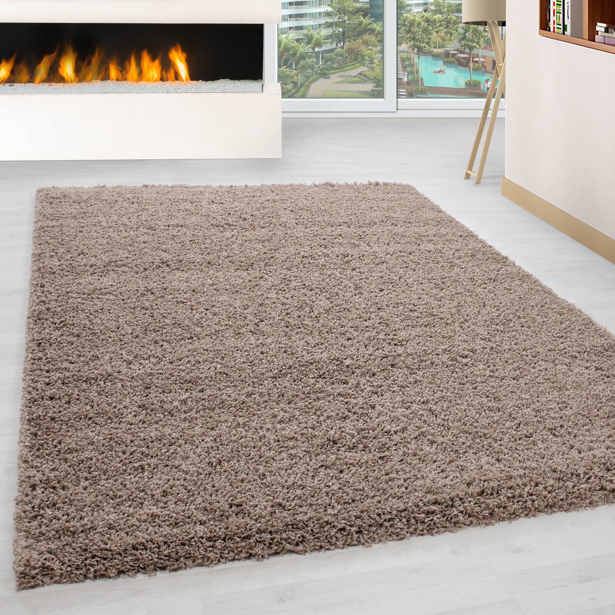 Deep pile rug for living room, long pile shaggy rug, plain design, fluffy