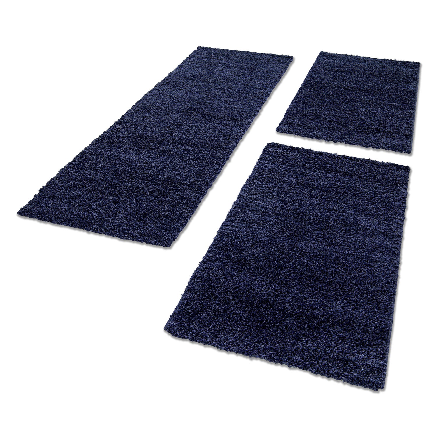 Bed Bumper Shaggy Rug Runner Set 3-Piece Deep Pile Plain Navy Blue