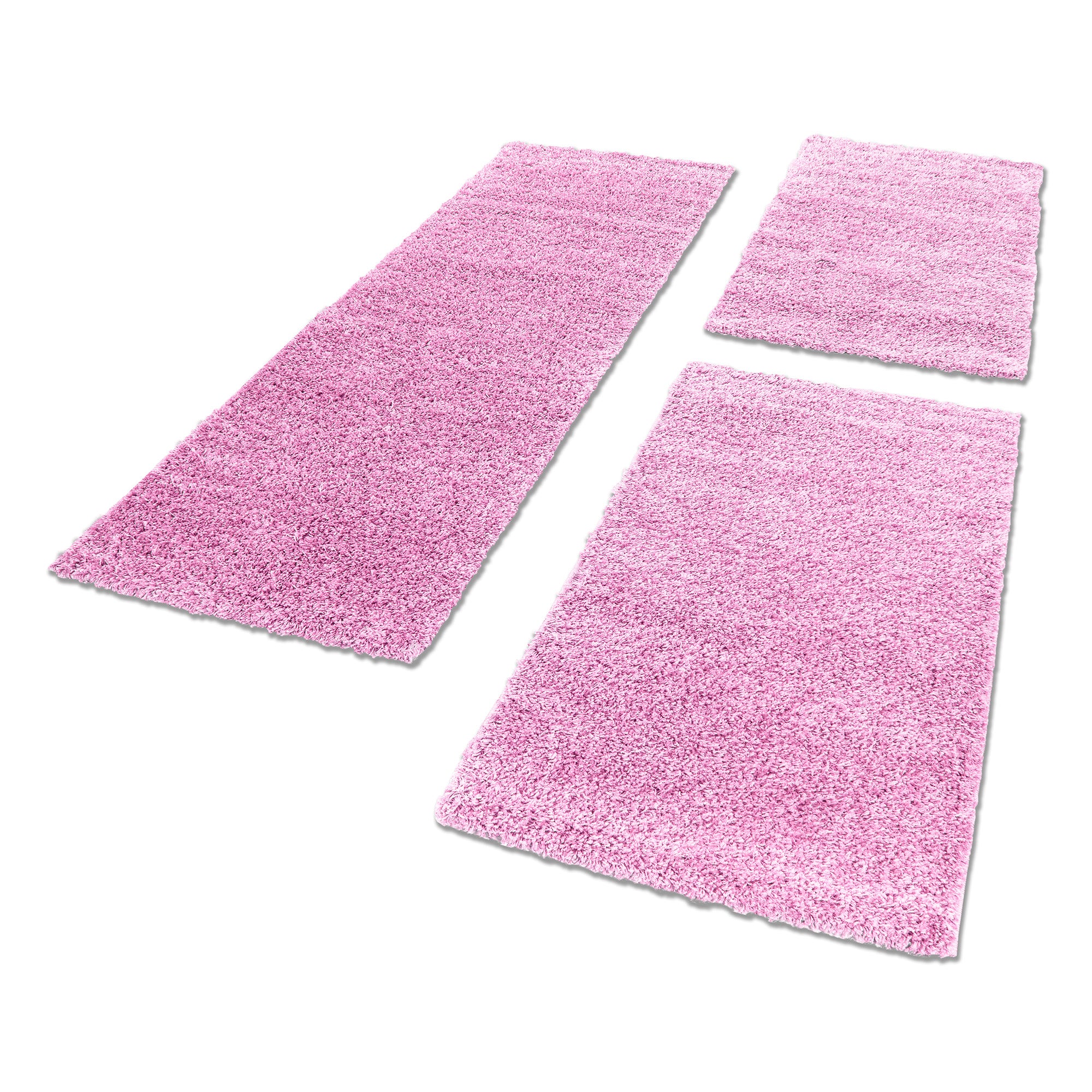 Bed border shaggy rug runner set plain 3-piece deep pile plain pink
