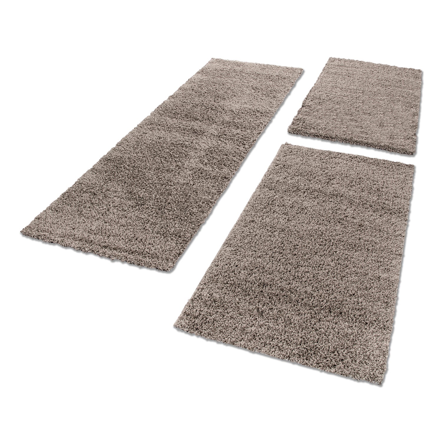 Bettumrandung Shaggy Teppich Läuferset Uni 3 teilig Hochflor Einfarbig Taupe