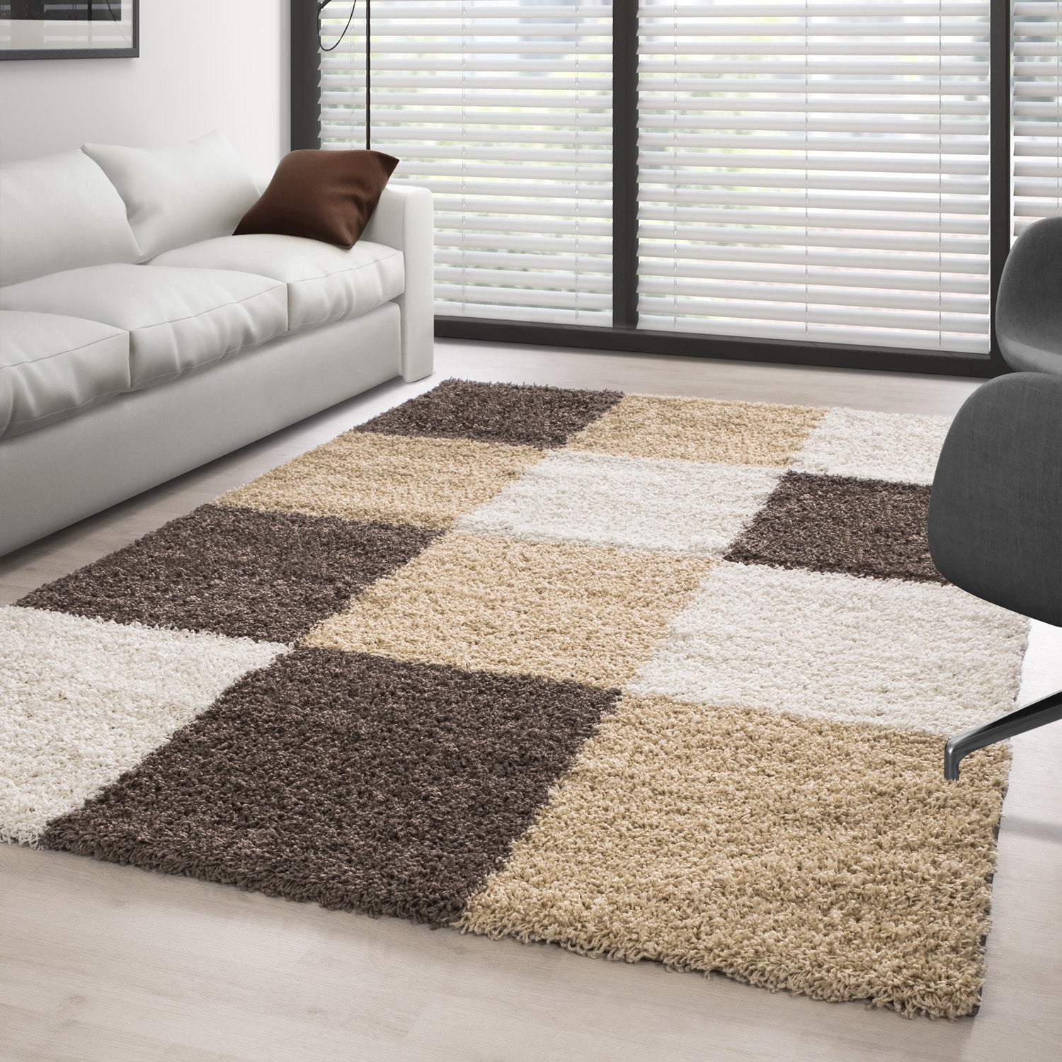 Shaggy Teppich Hochflor Langflor Wohnzimmer Teppich Gemustert in Karo Design