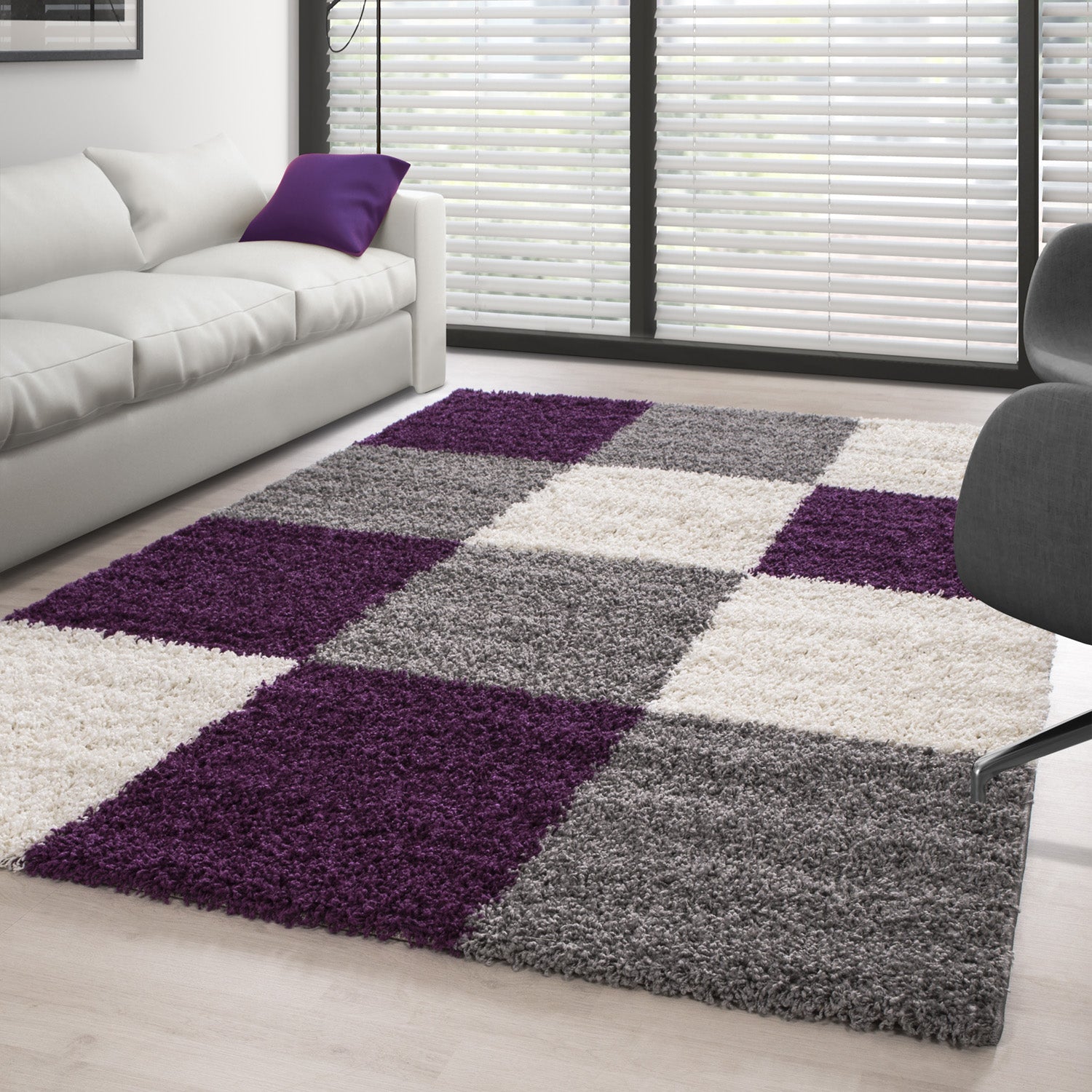 Hochflor Teppich Shaggy Teppich Wohnzimmer Teppich Gemustert in Karo Design