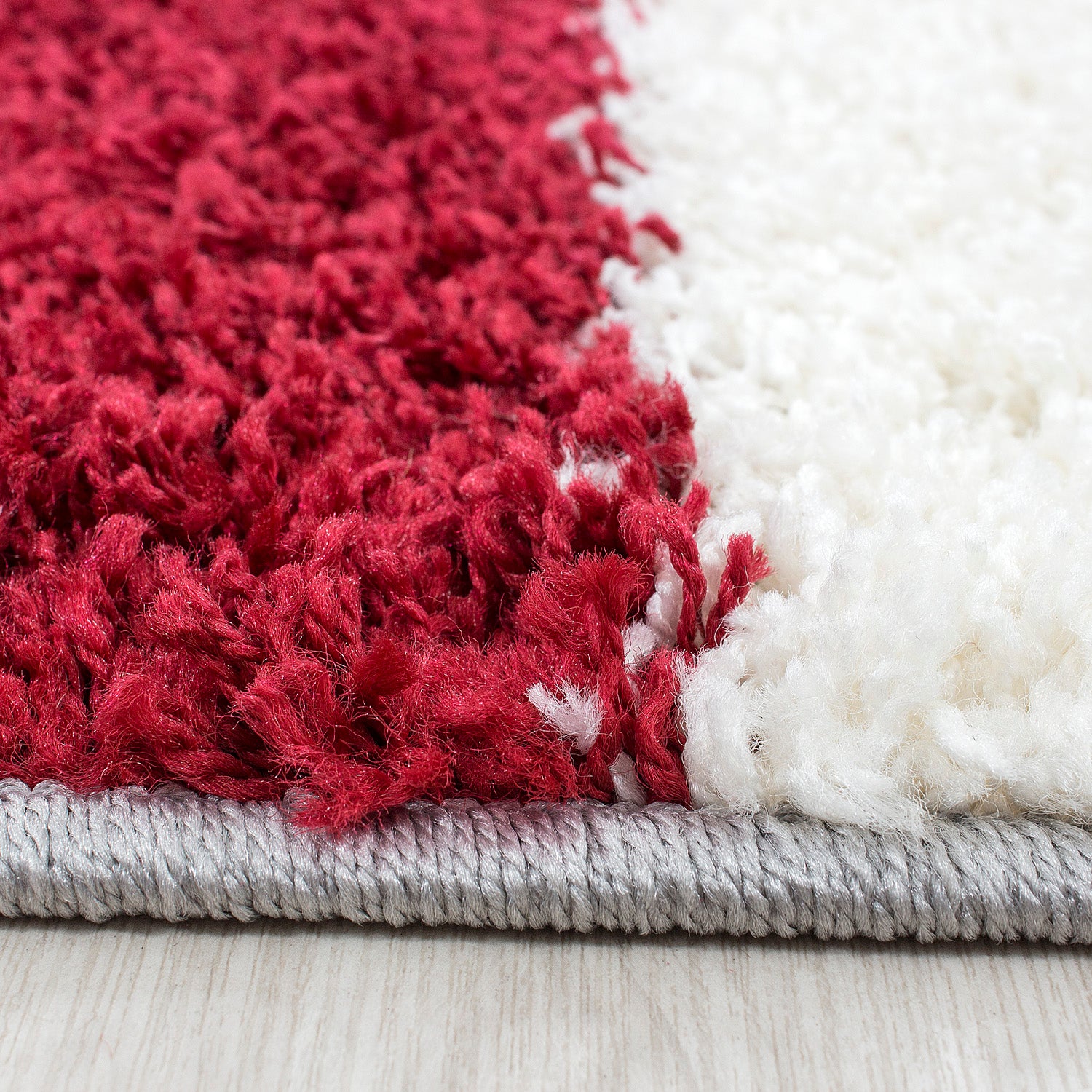Bettumrandung Hochflor Teppich Läuferset 3 teilig Karo muster Grau Rot Creme