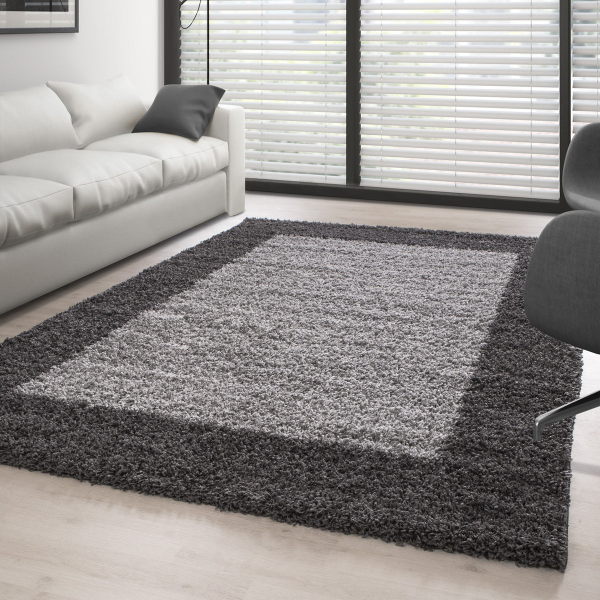 Shaggy Teppich Hochflor Langflor Wohnzimmer Teppich Gemustert in Bordüre Design