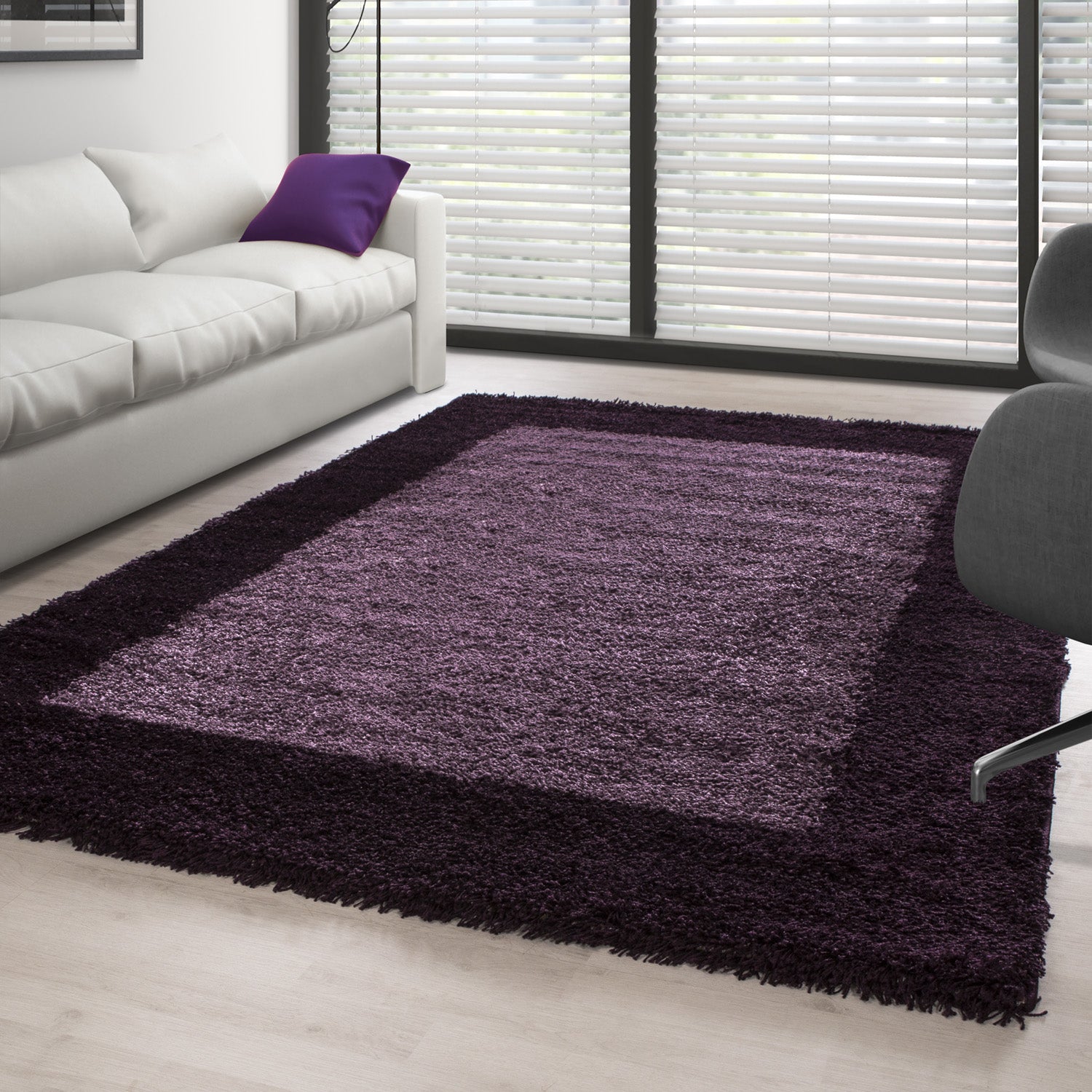 Shaggy Teppich Hochflor Langflor Wohnzimmer Teppich Gemustert in Bordüre Design