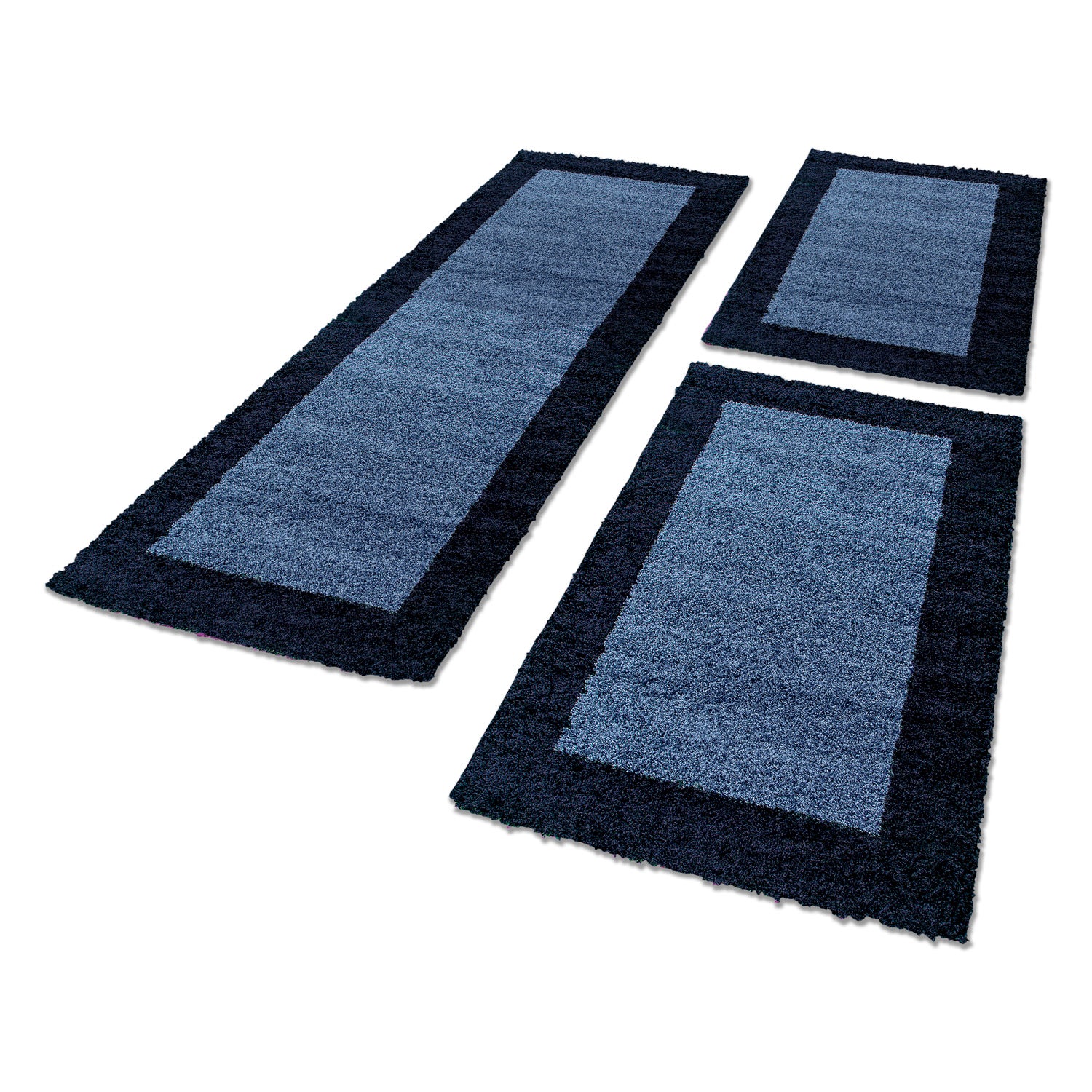 Bettumrandung Hochflor Teppich Läuferset 3 teilig Bordüre muster Marineblau Blau