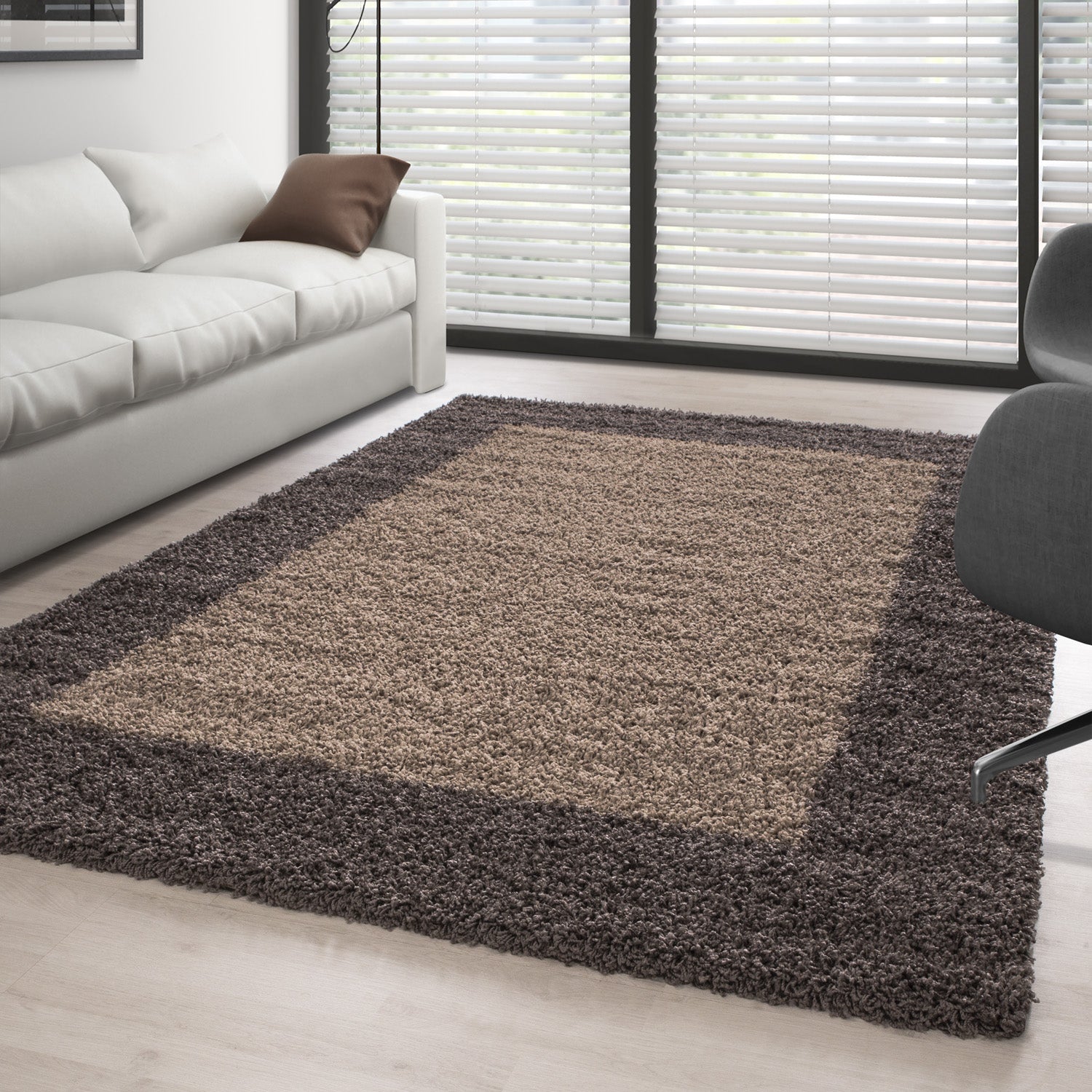 Shaggy Teppich Hochflor Langflor Wohnzimmer Teppich Gemustert in Bordüre Design