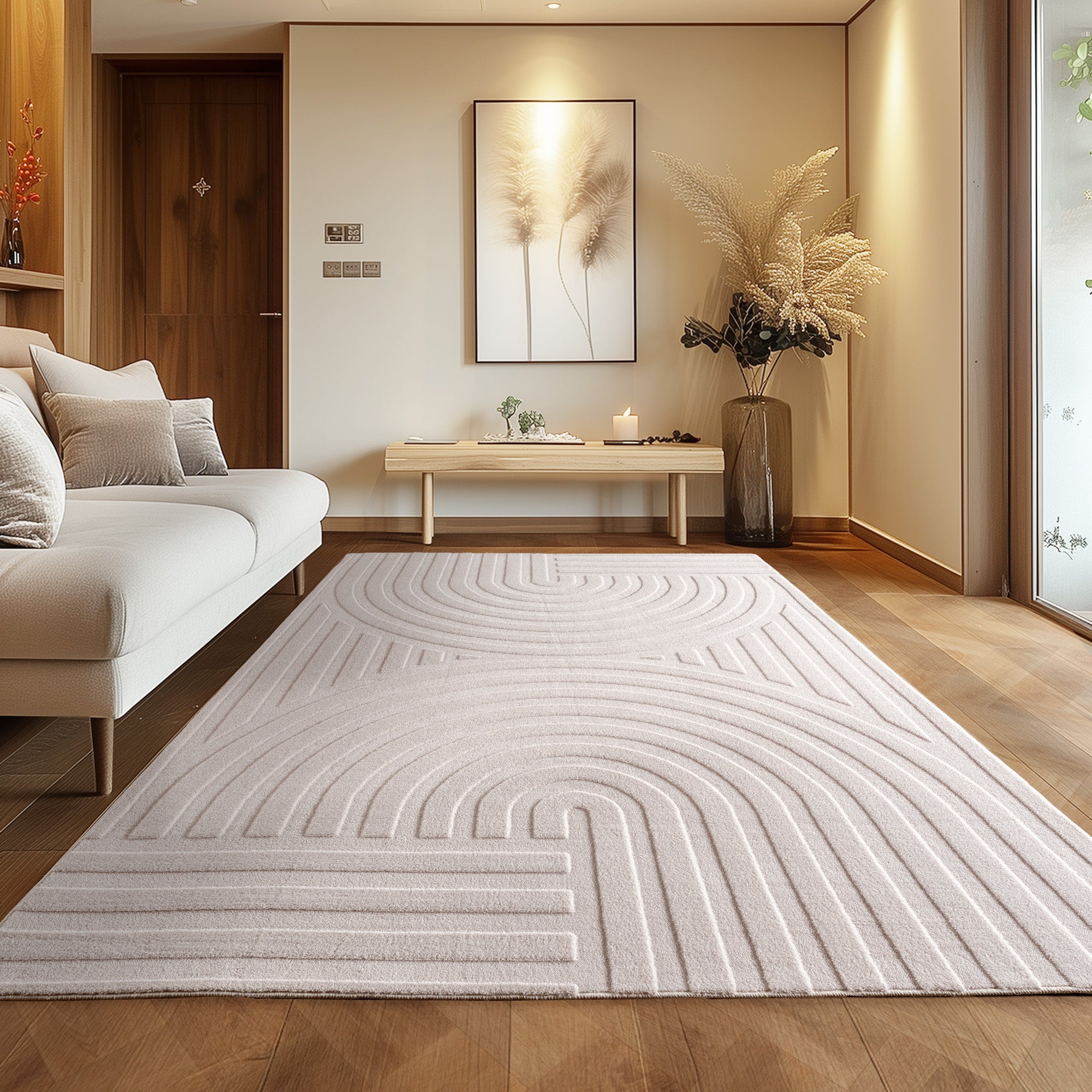 Skandinavischer Boho Teppich Wohnzimmer Einfarbig Beige-Creme Waschbarer Teppich