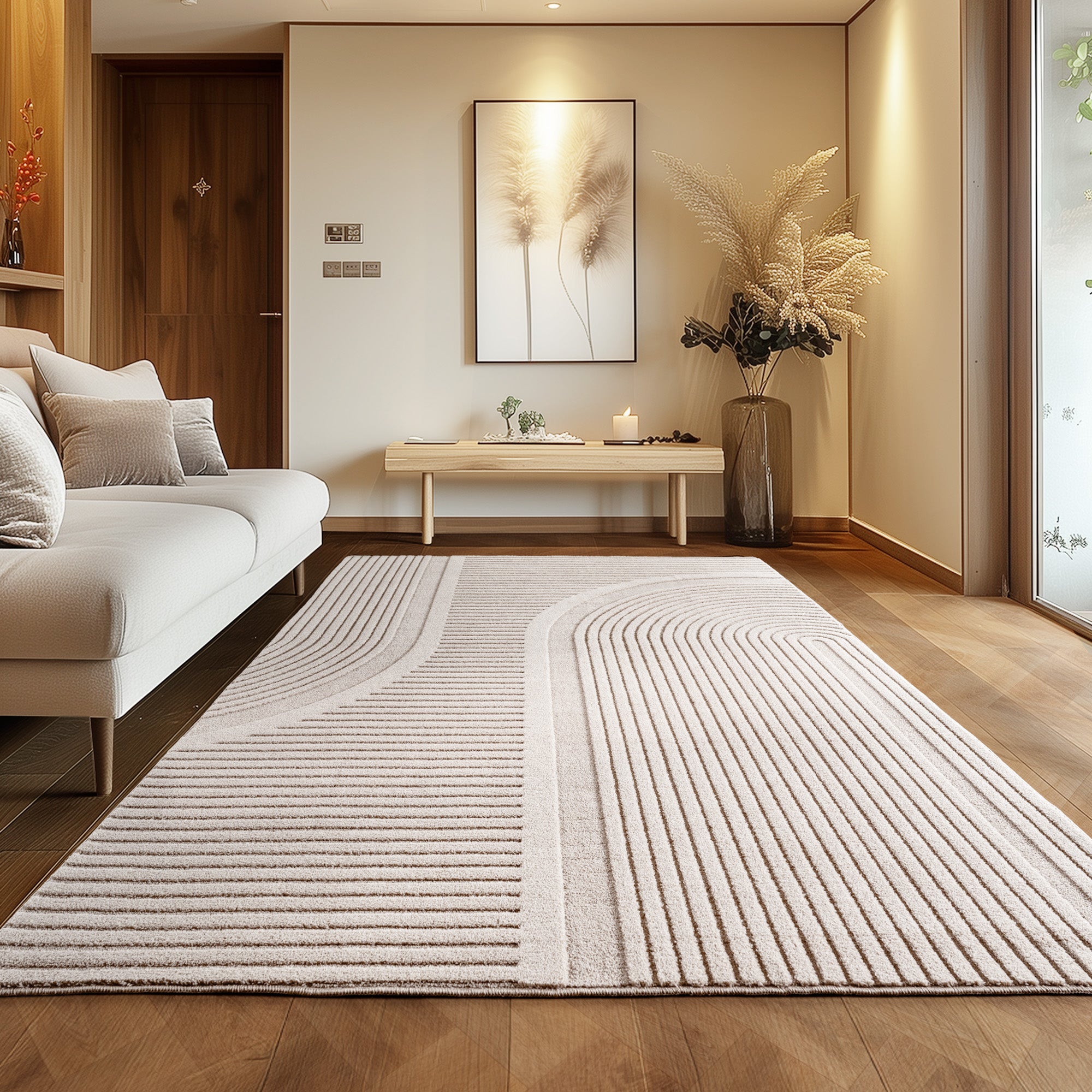 Einfarbig Skandinavischer Boho Teppich Wohnzimmer Beige Creme Waschbarer Teppich