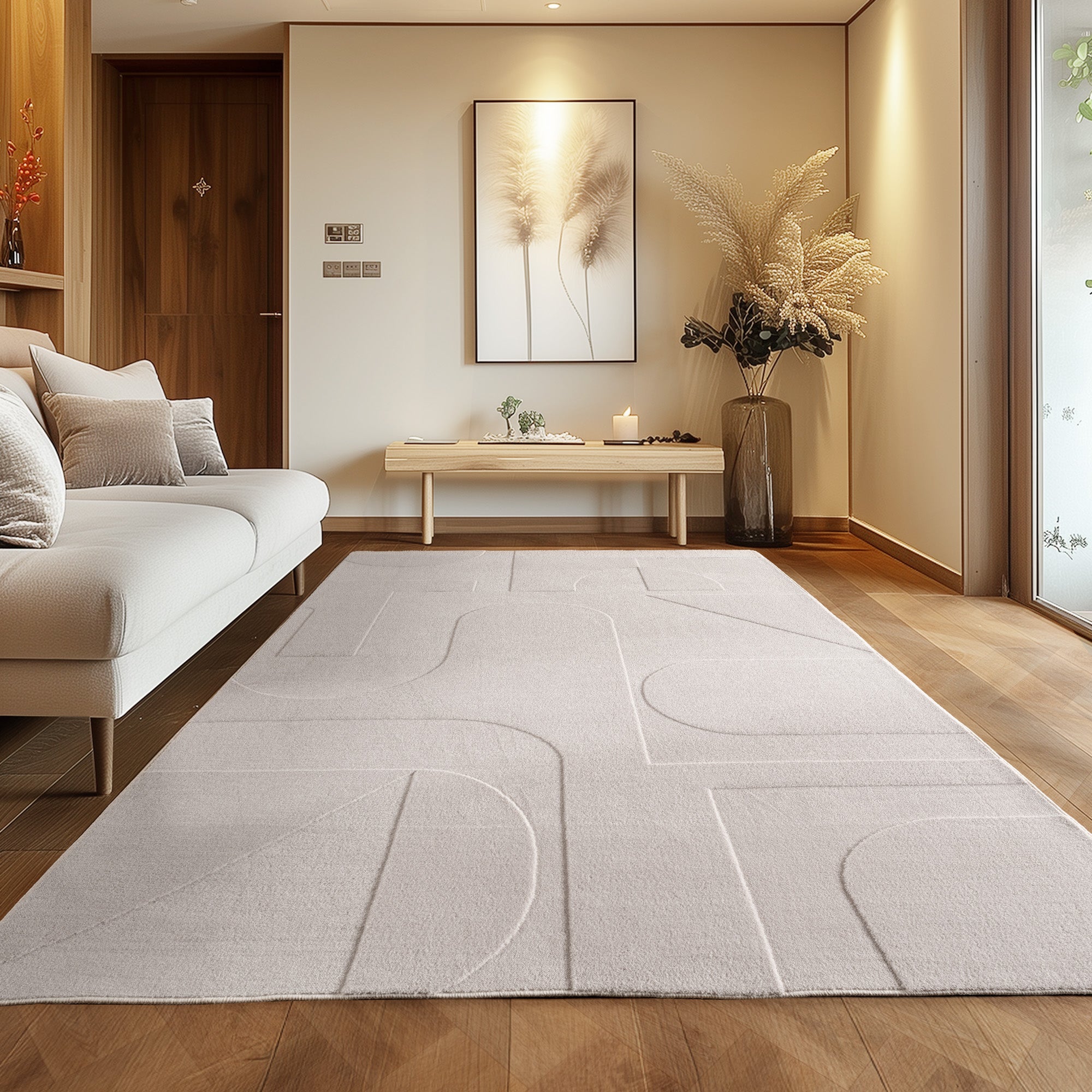 Skandinavischer Teppich Boho Design Einfarbig Beige und Creme Waschbarer Teppich