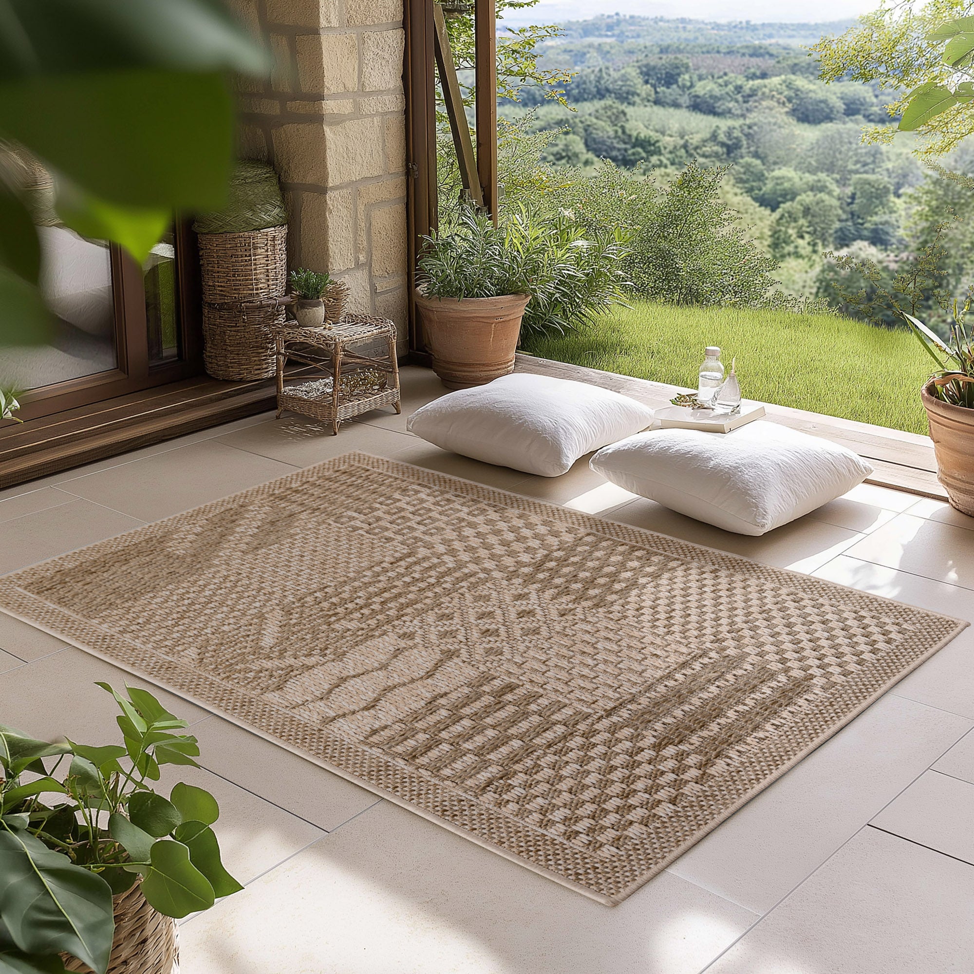 Carpettex Outdoor Teppich Wetterfest Küche Balkon & Wohnzimmer Boho Stil Beige-2