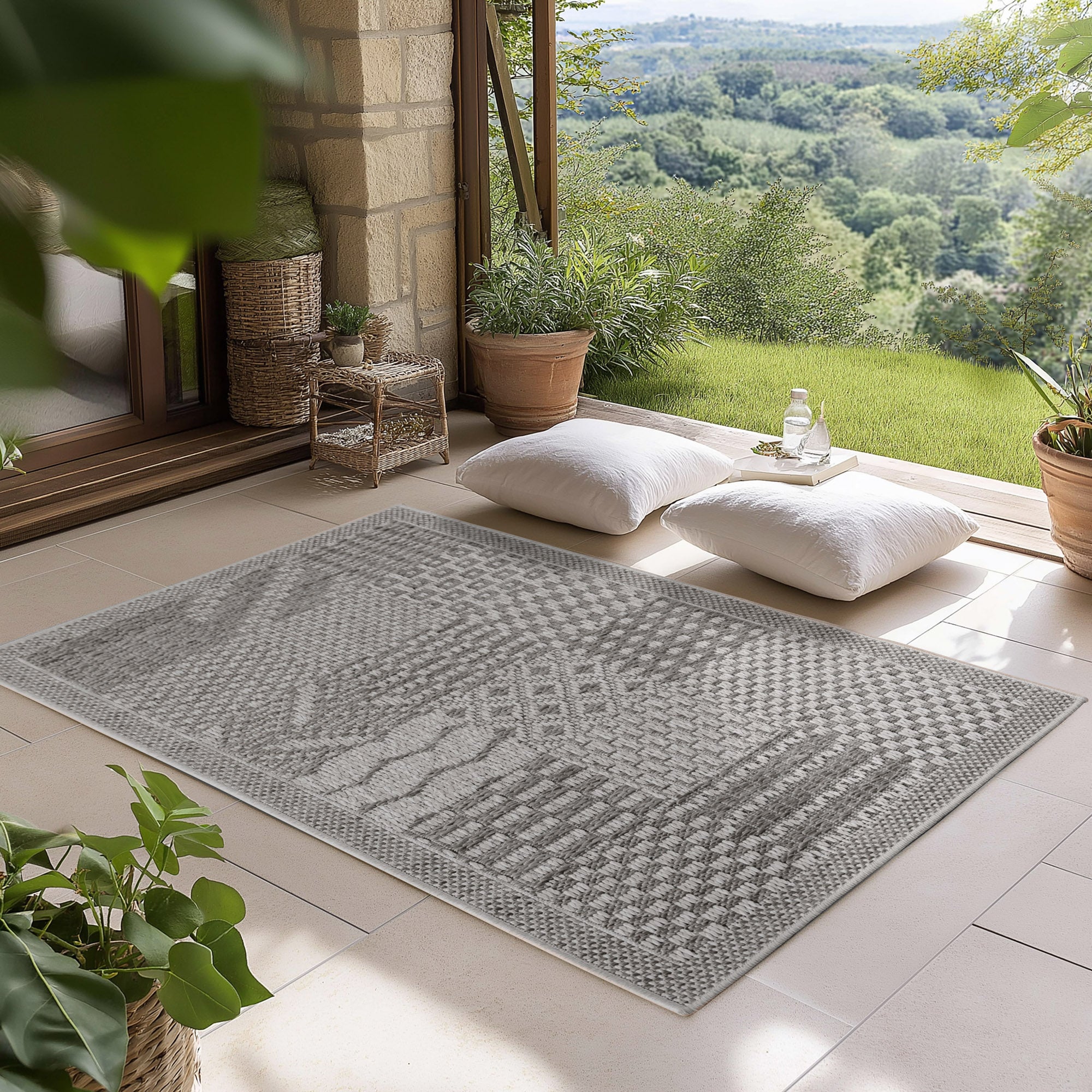 Carpettex Outdoor Teppich Wetterfest Küche Balkon & Wohnzimmer Boho Stil Grau-2