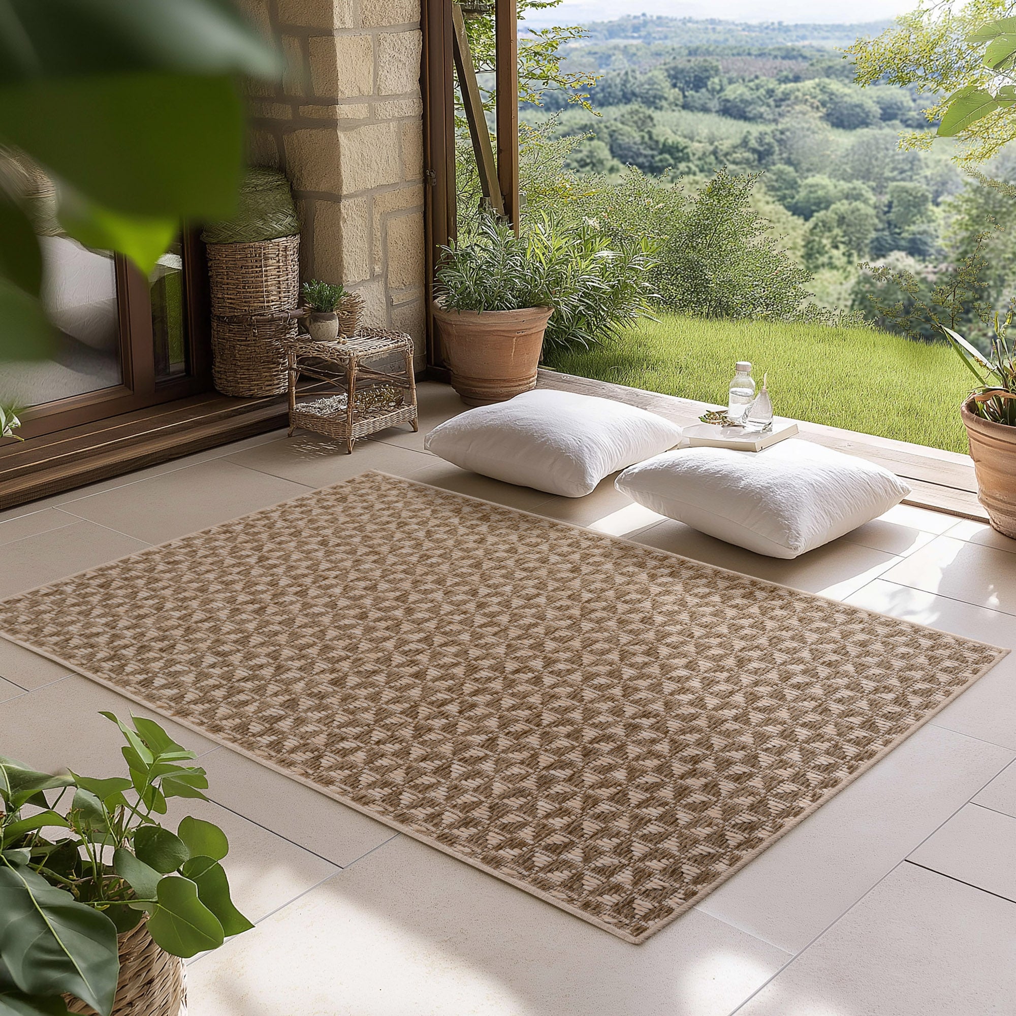 Carpettex Outdoor Teppich Wetterfest Küche Balkon & Wohnzimmer Boho Stil Beige-3