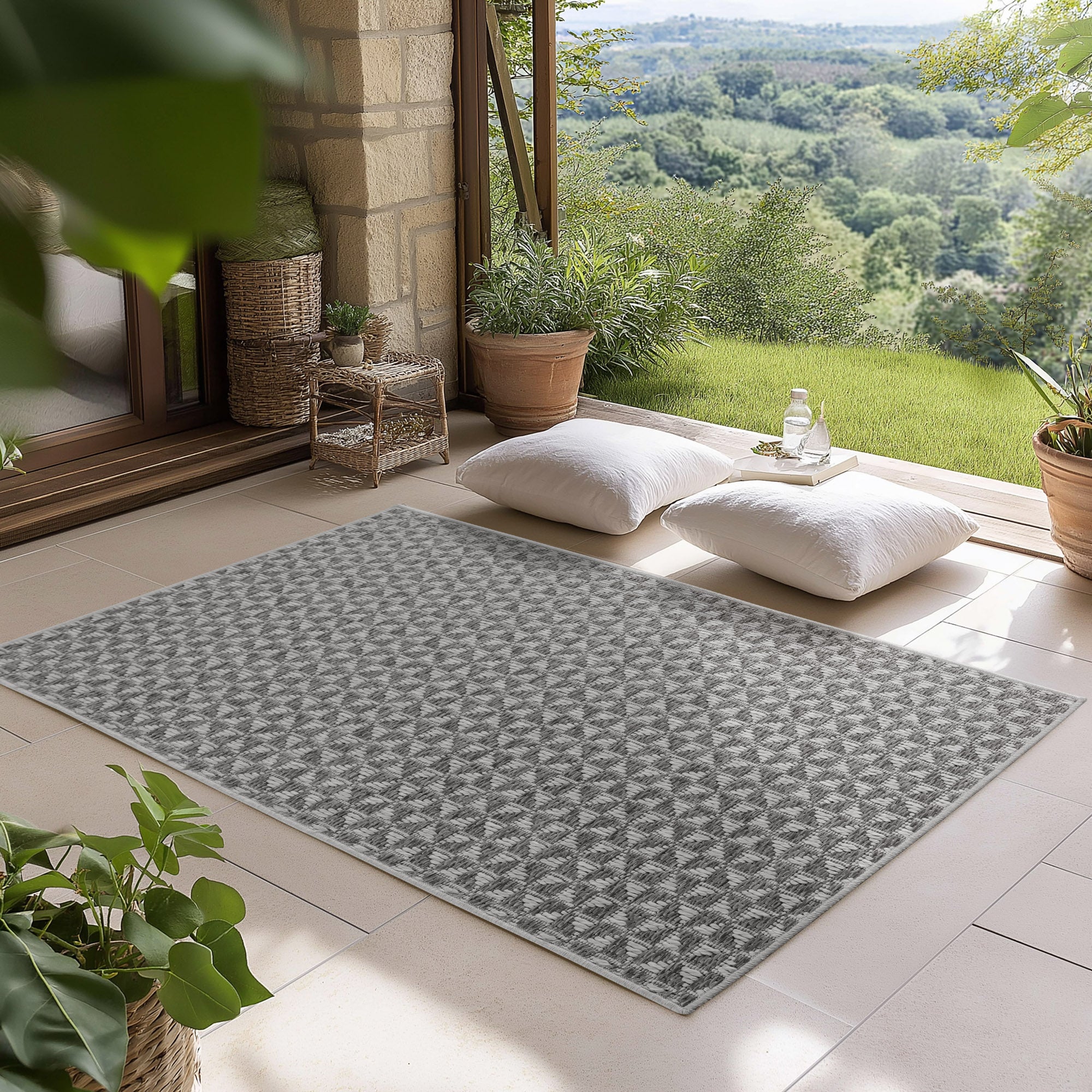 Carpettex Outdoor Teppich Wetterfest Küche Balkon & Wohnzimmer Boho Stil Grau-3