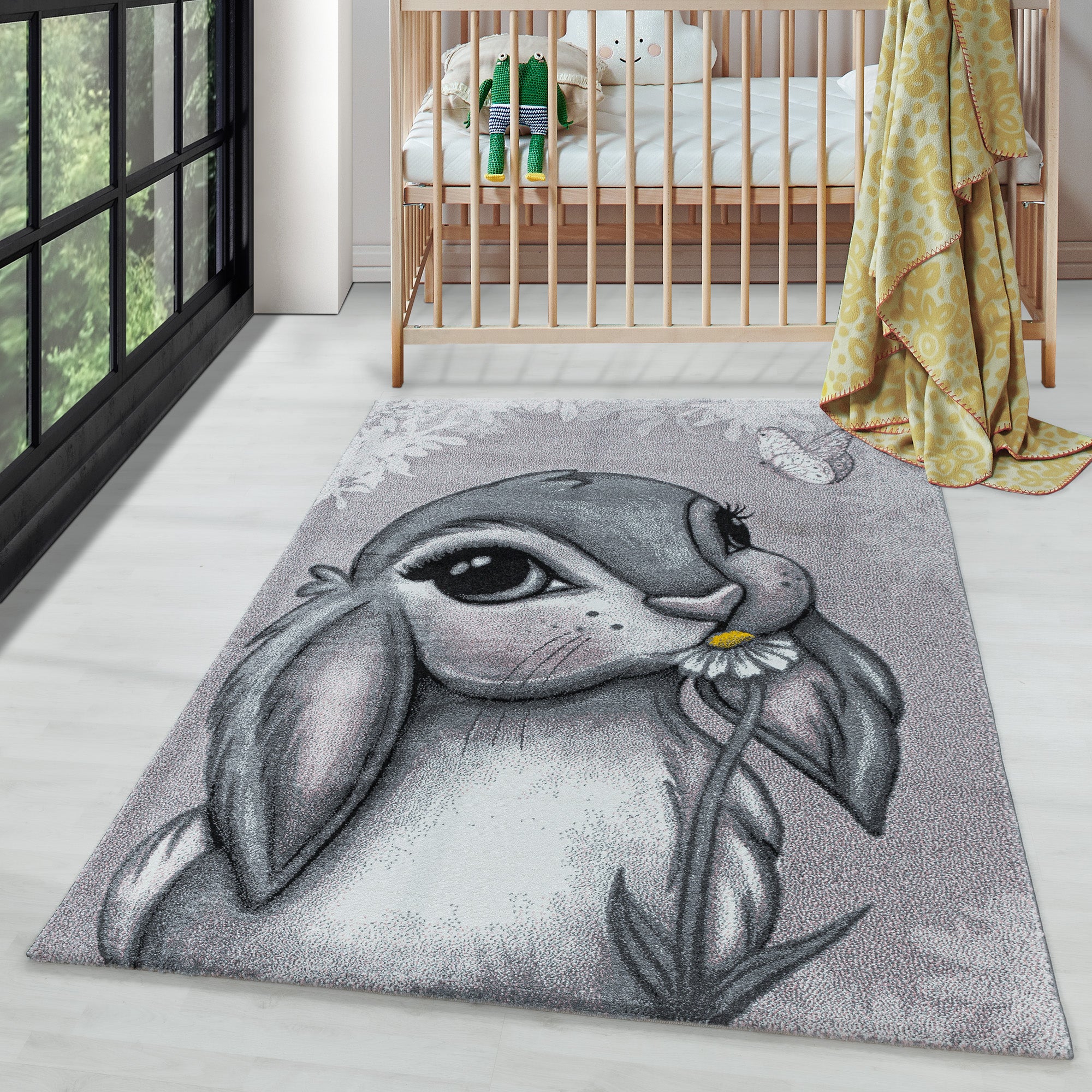 Kinderteppich süße Hase Design Modern Weich Pflegeleicht Teppich Kinderzimmer