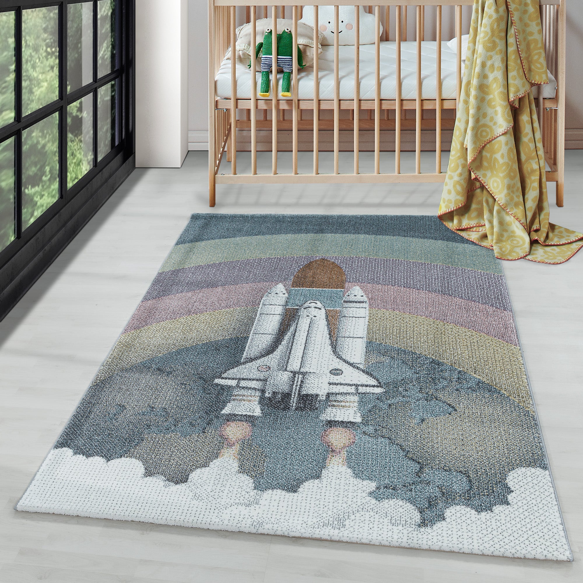 Kinderteppich Weltraumraketen Design Modern Pflegeleicht Teppich Kinderzimmer