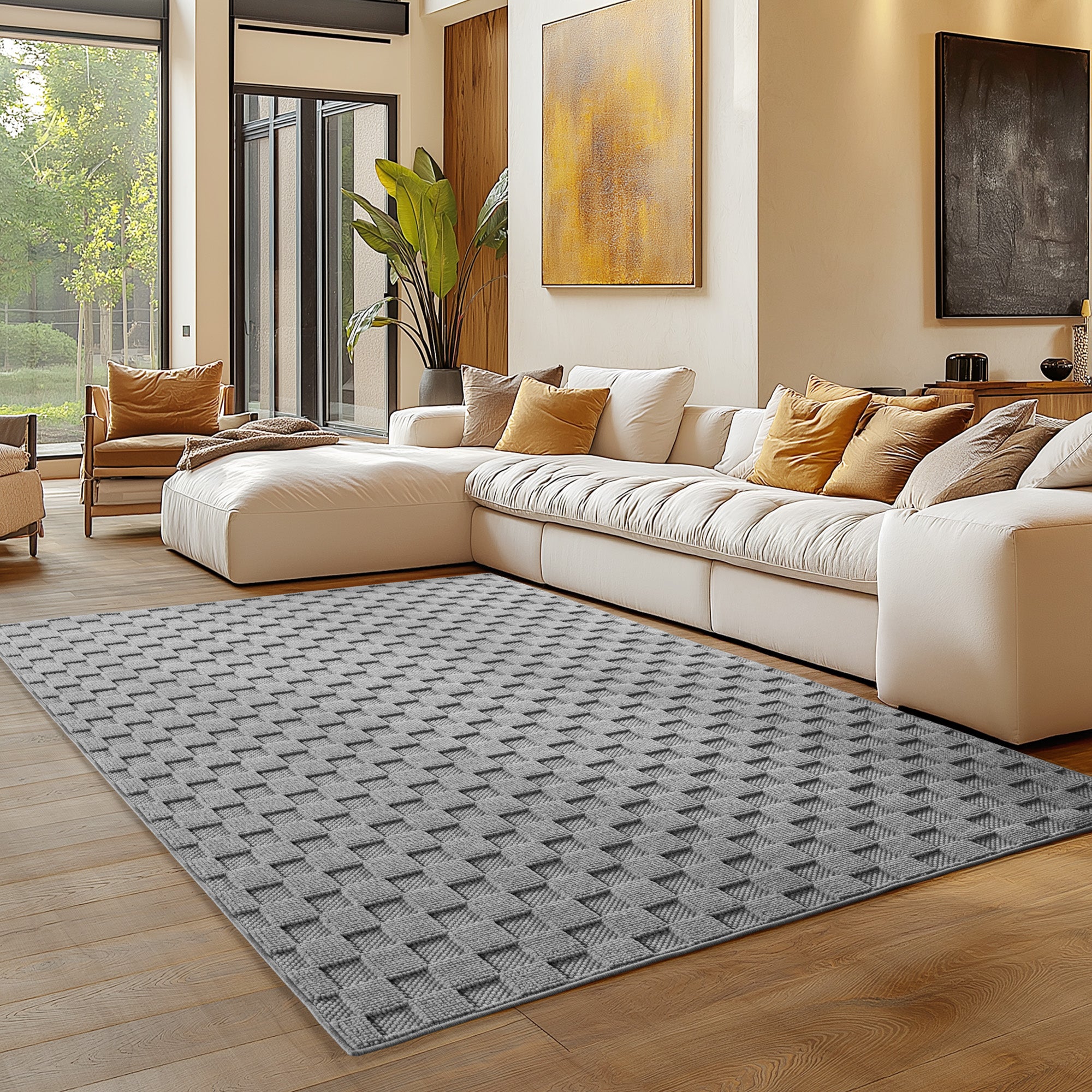 Carpettex Teppich Einfarbig Bouclé Karo Stil Pflegeleicht Wohnzimmer Esszimmer