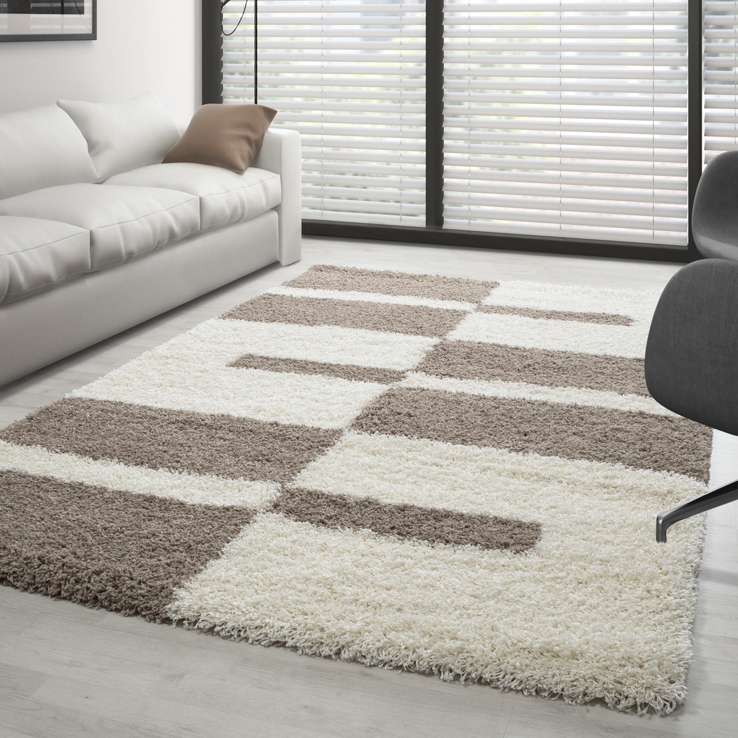 Designer Hochflor Teppich Modern Kariert Design Shaggy Teppich Wohnzimmer