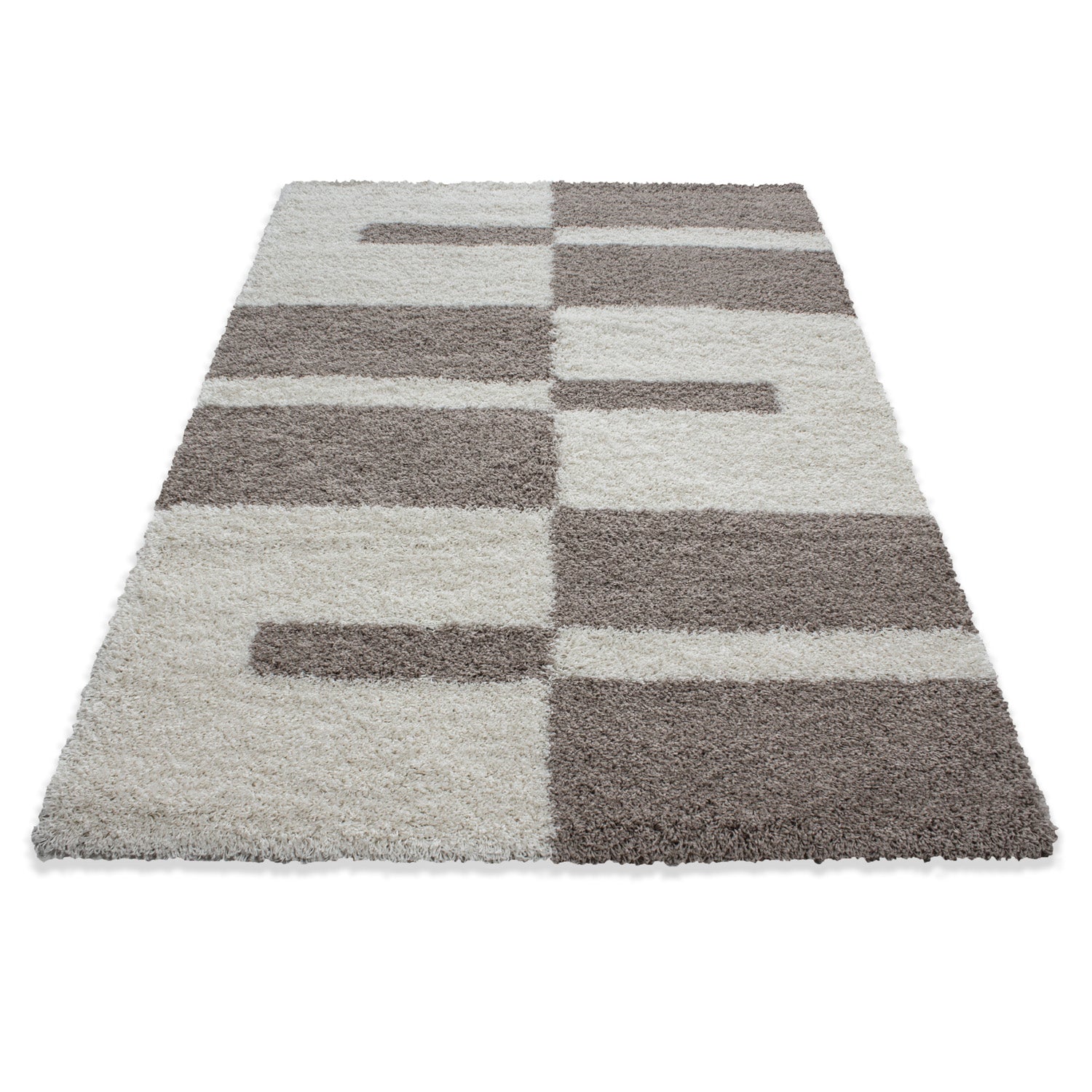 Designer Shaggy Teppich Modern Kariert Design Hochflor Teppich Wohnzimmer