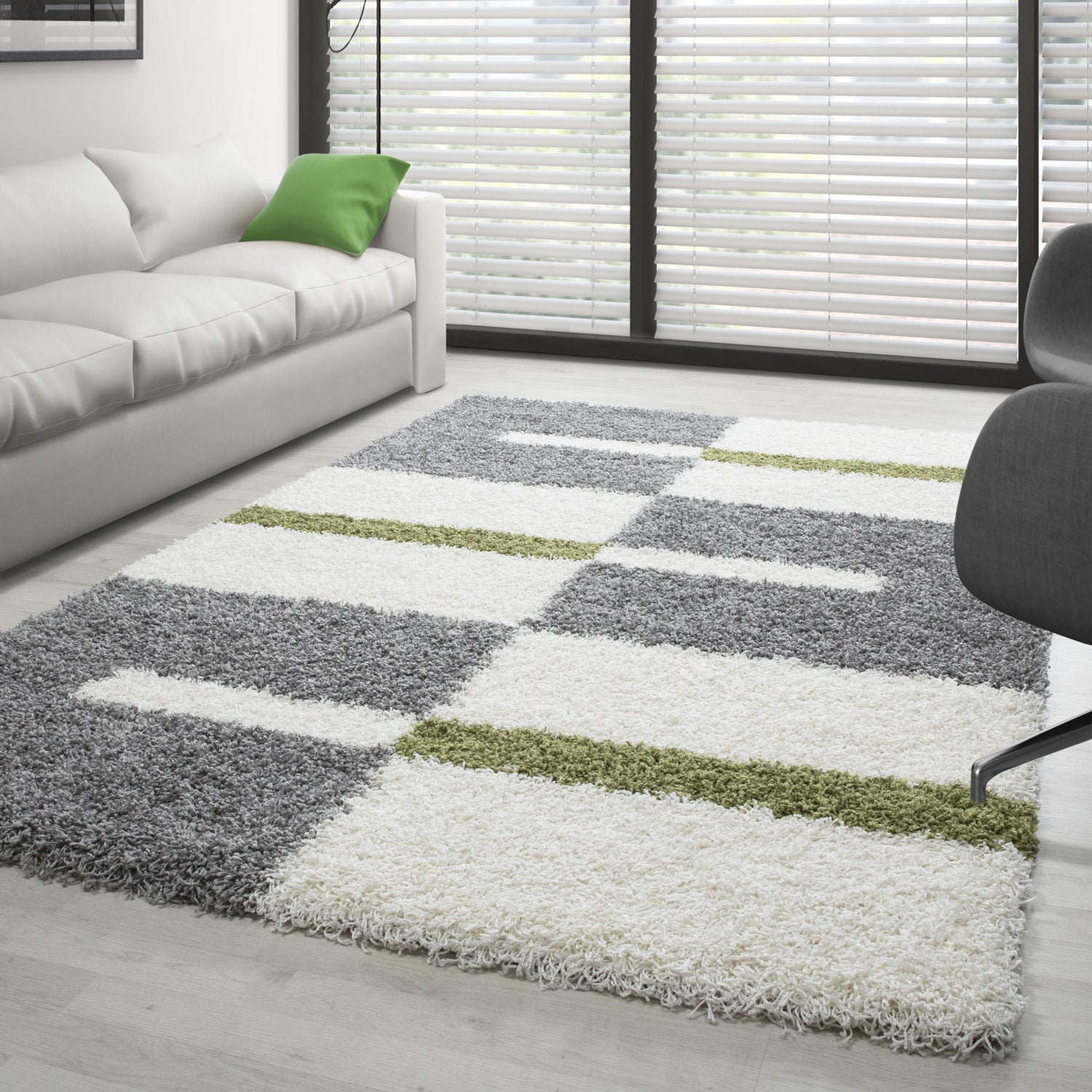 Designer Shaggy Teppich Modern Kariert Design Hochflor Teppich Wohnzimmer
