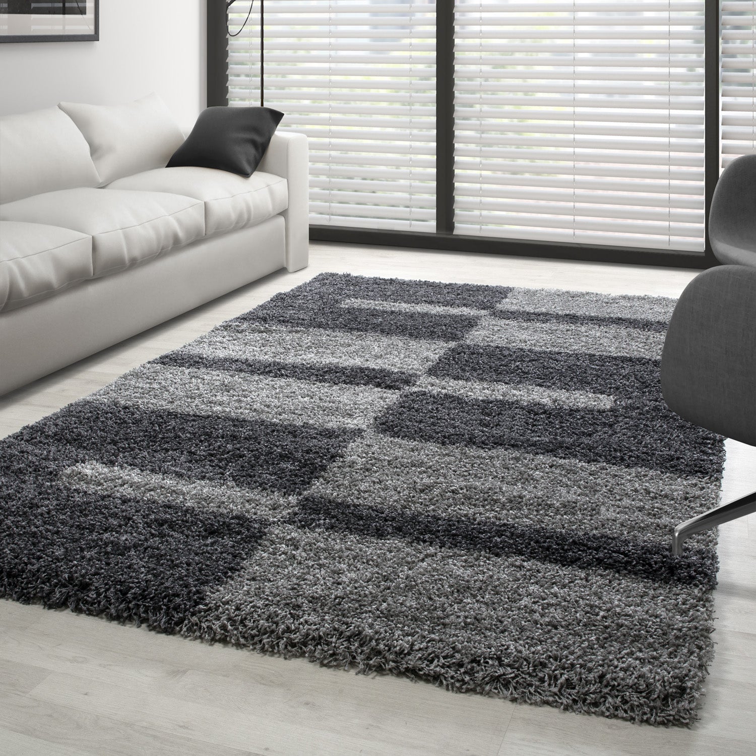Designer Hochflor Teppich Modern Kariert Design Shaggy Teppich Wohnzimmer