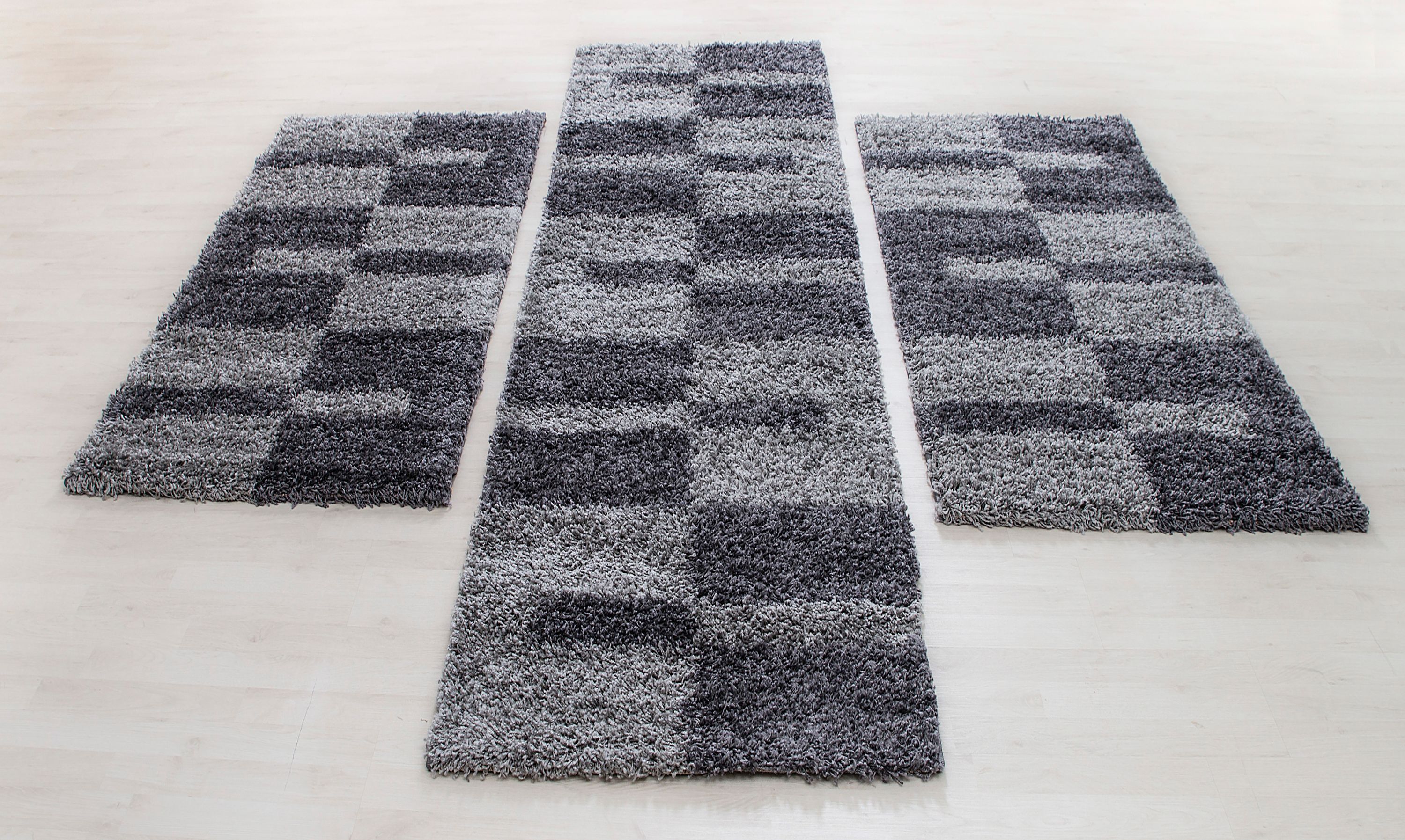 Bettumrandung Hochflor Shaggy Teppich Läuferset 3 teilig Kariert Grau Hellgrau