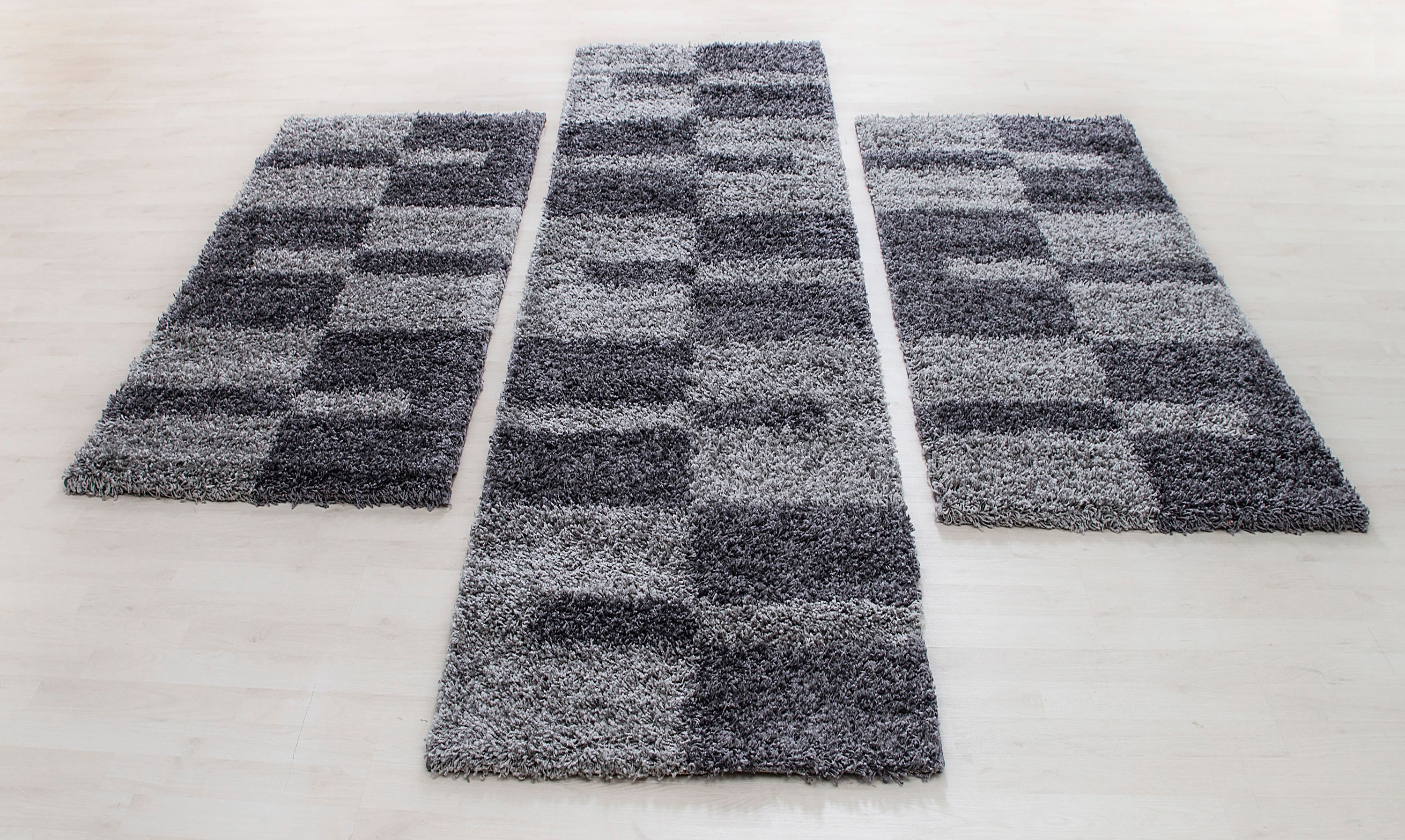 Bettumrandung Hochflor Shaggy Teppich Läuferset 3 teilig Kariert Grau Hellgrau