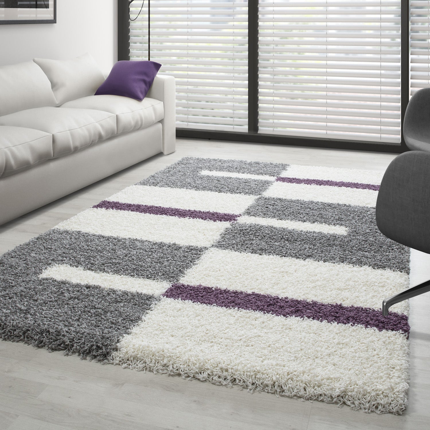 Designer Shaggy Teppich Modern Kariert Design Hochflor Teppich Wohnzimmer