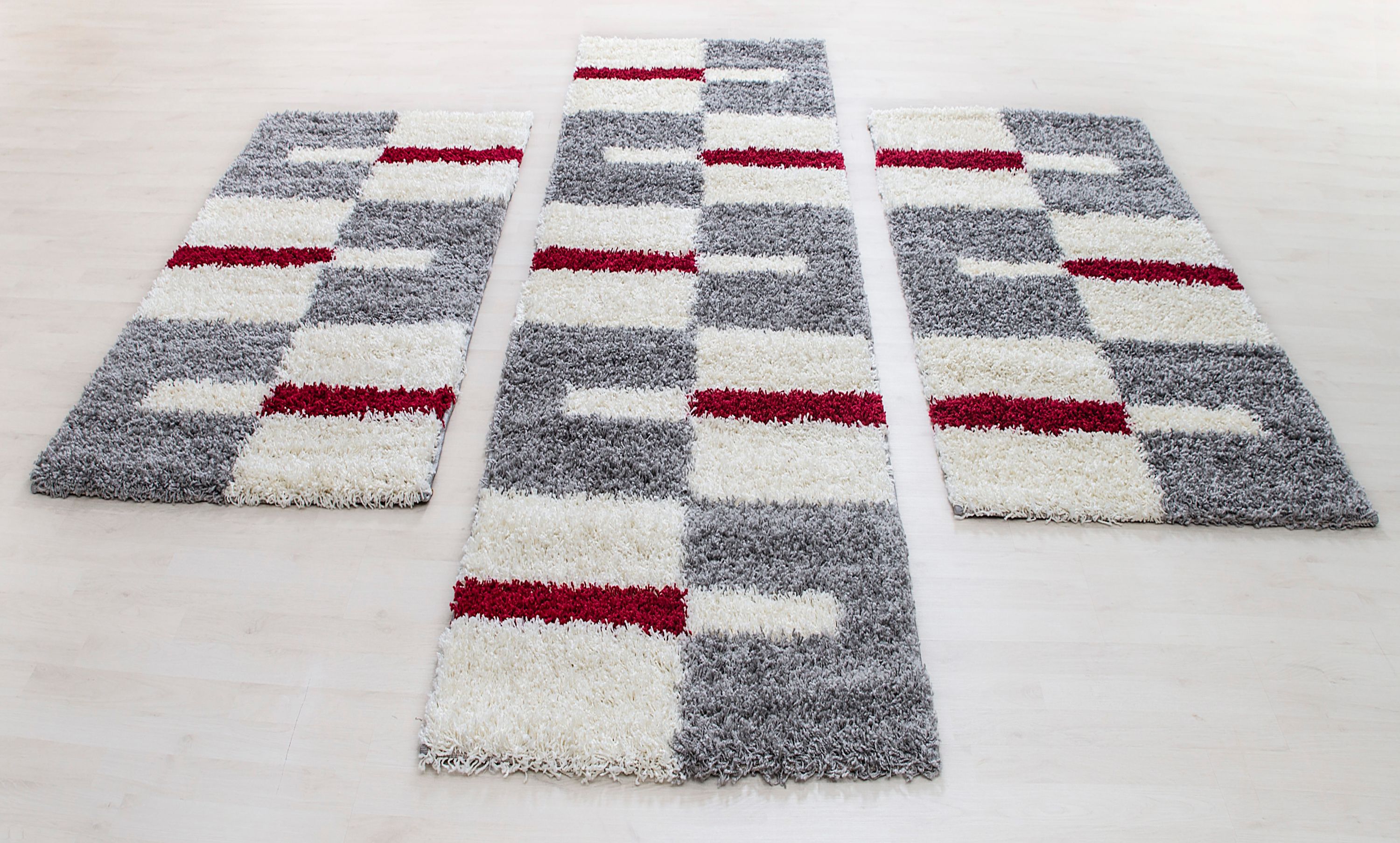Bordure de lit tapis shaggy à poils longs, ensemble de 3 pièces à carreaux gris rouge blanc