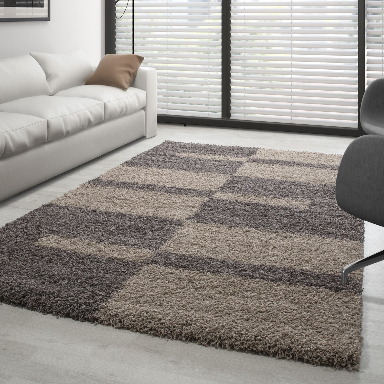 Designer Shaggy Teppich Modern Kariert Design Hochflor Teppich Wohnzimmer