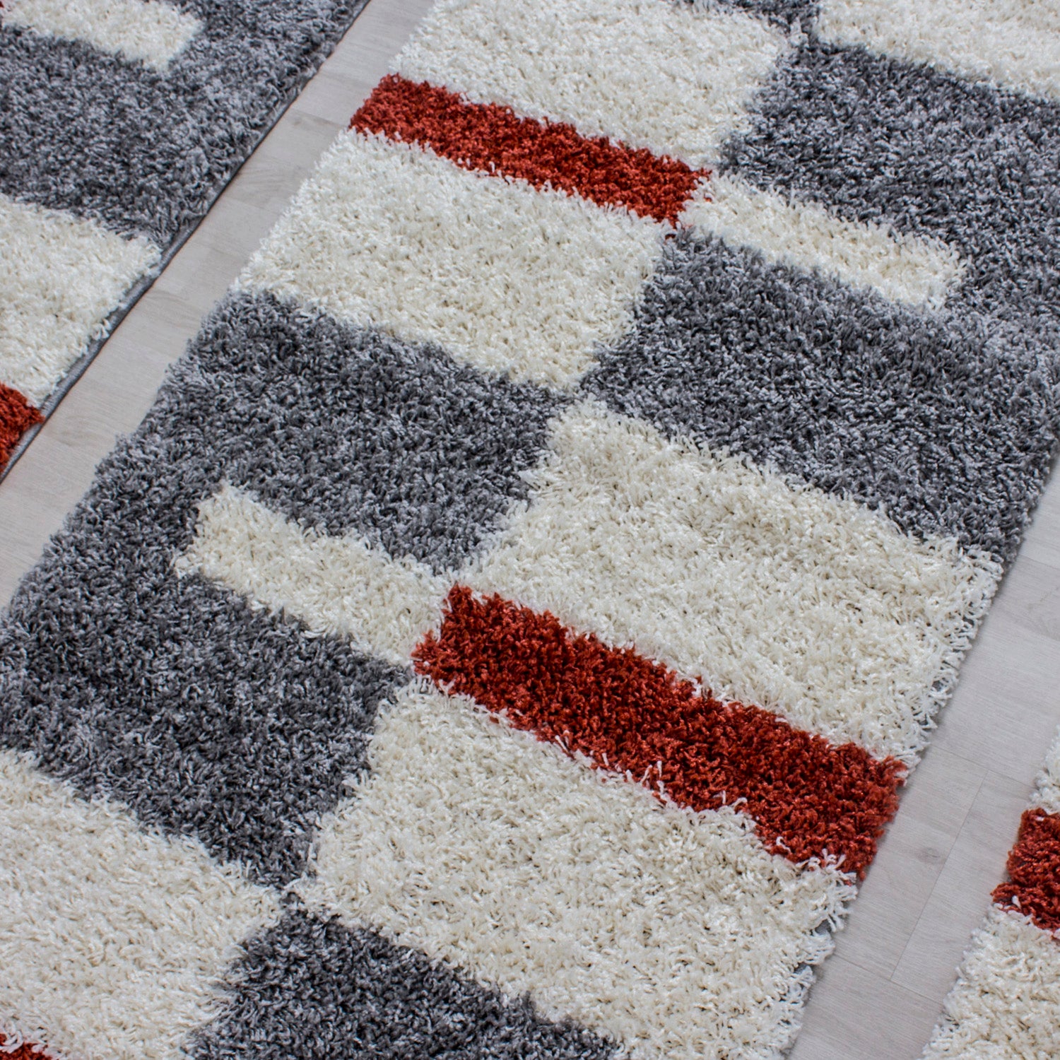 Bordure de lit tapis shaggy à poils longs ensemble de 3 pièces à carreaux gris terra blanc