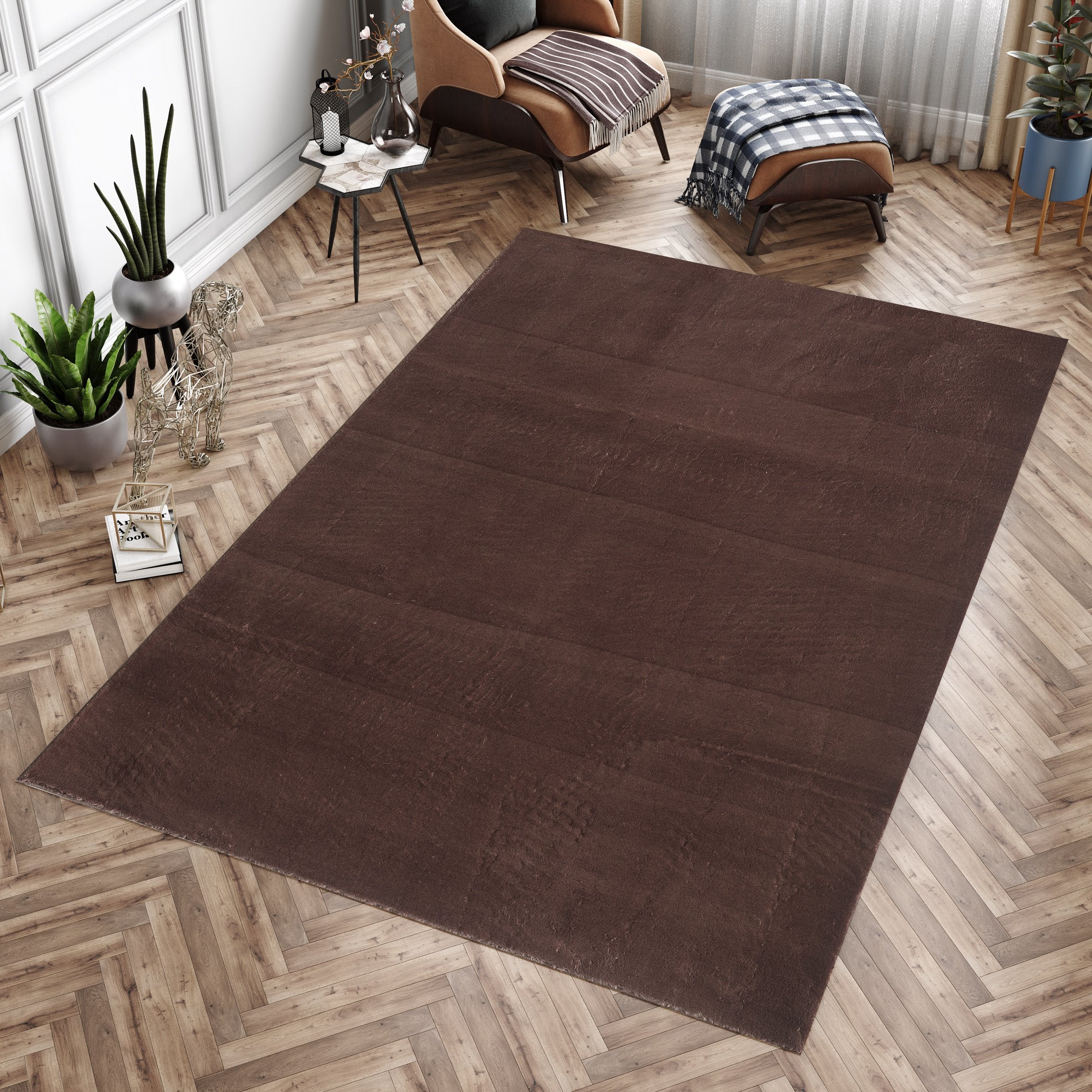 Washable deep pile rug for living room, plain faux fur plush, super soft