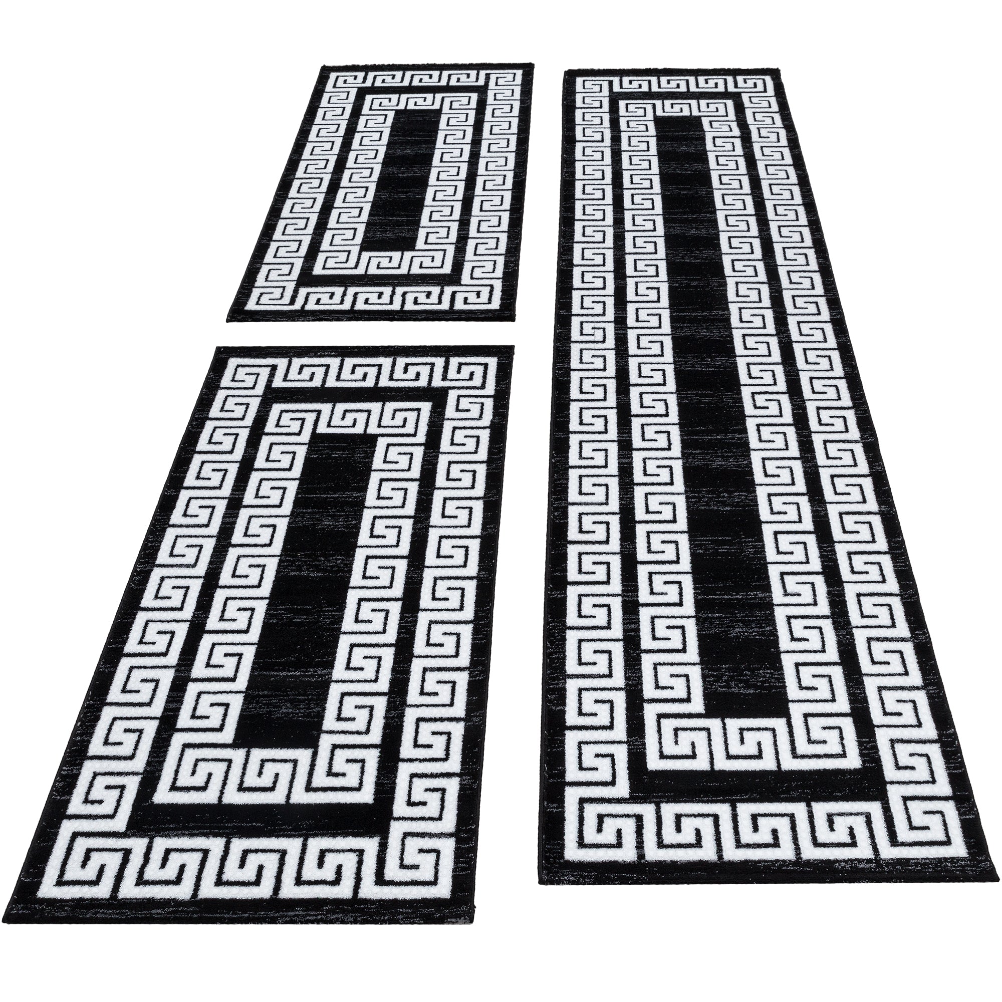 Bettumrandung Teppich Bordüre Mäander Muster 3 teilig Läuferset Schwarz Weiß