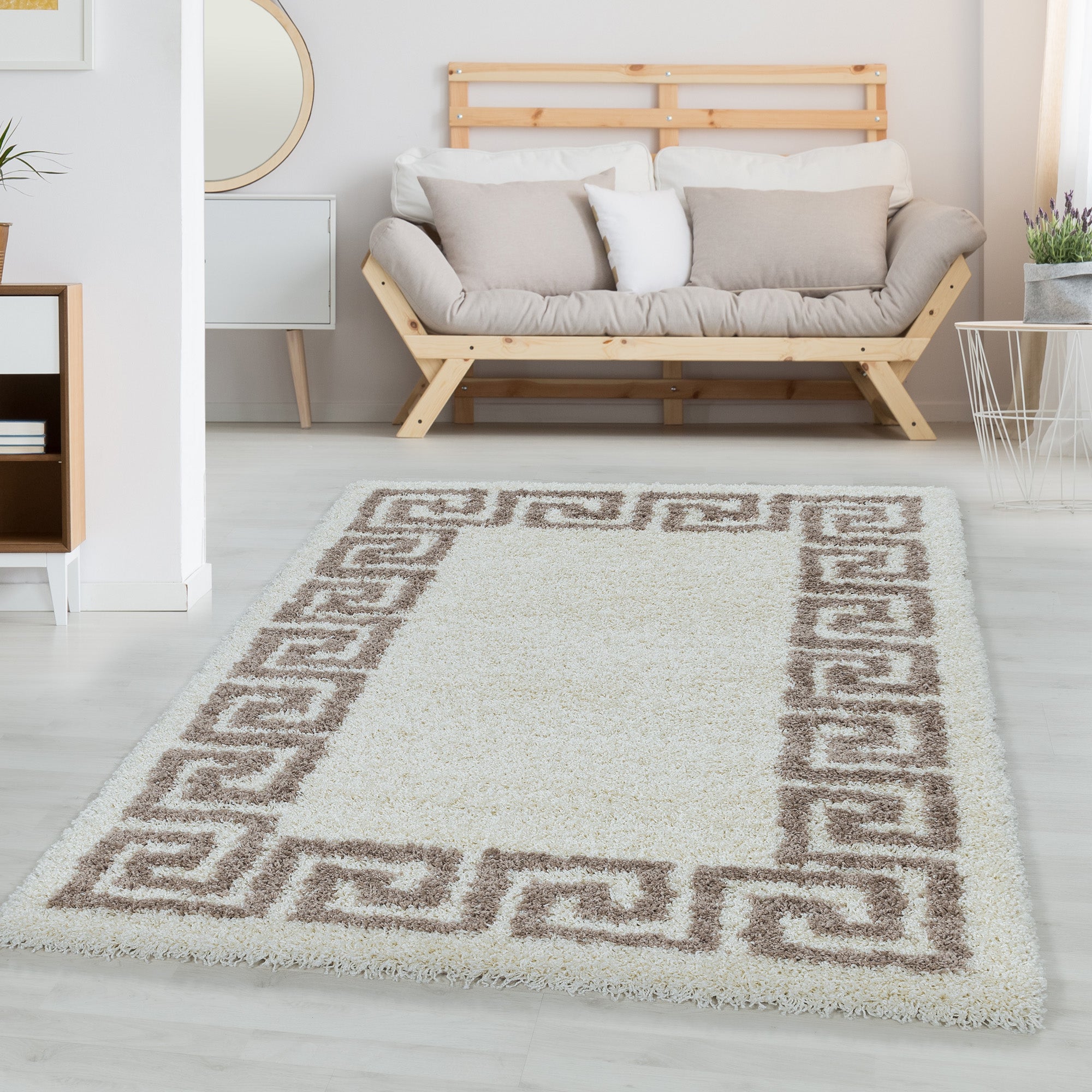 Designer Hochflor Teppich Wohnzimmer Mäander-Design Langflor Shaggy Teppich