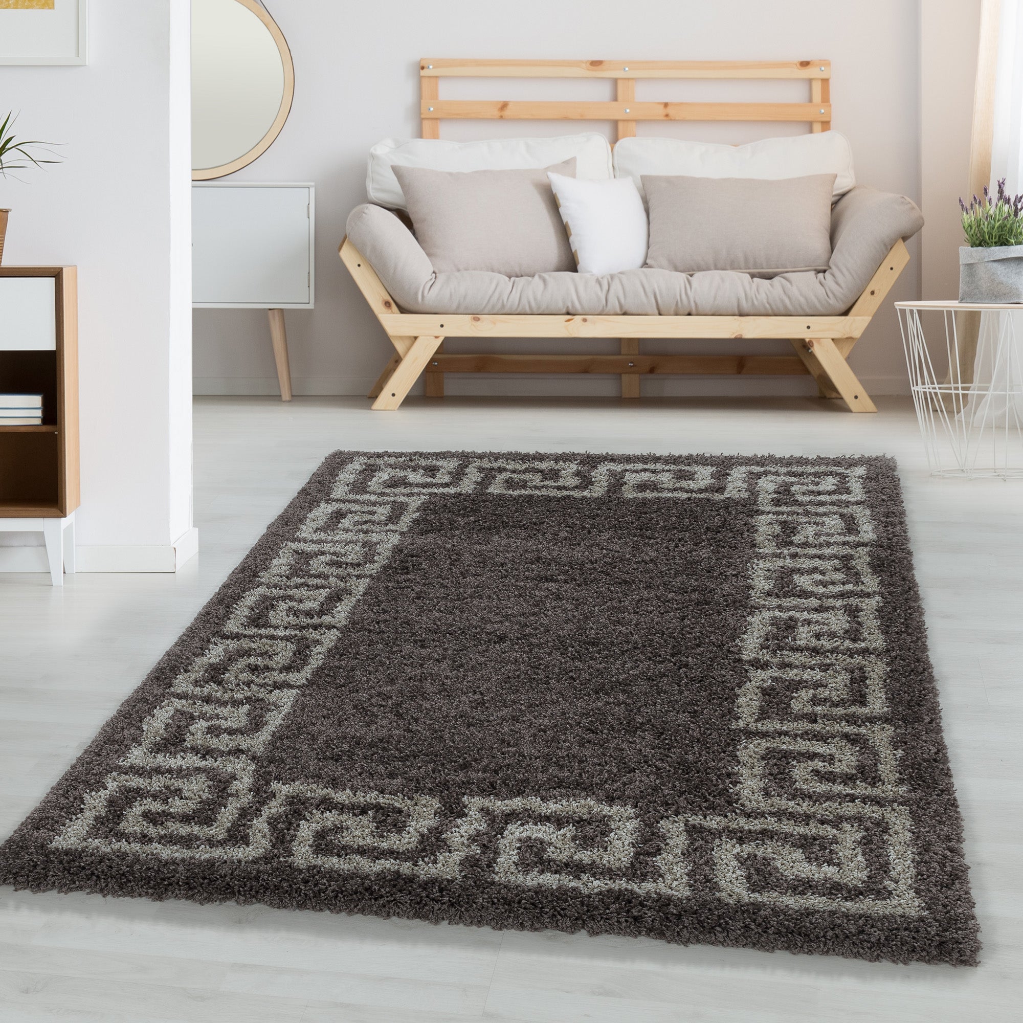 Designer Hochflor Teppich Wohnzimmer Mäander-Design Langflor Shaggy Teppich