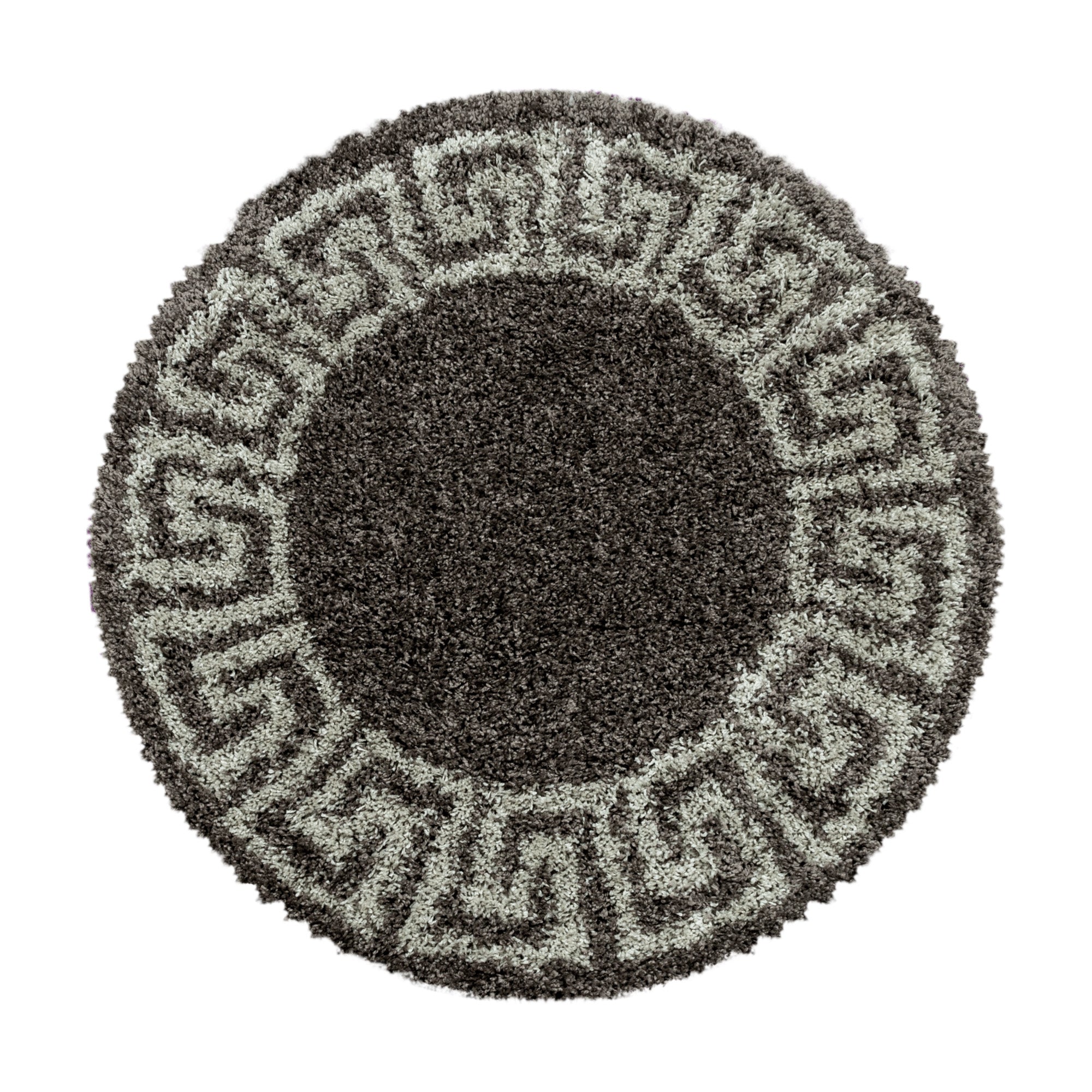 Runder Hochflor Teppich Wohnzimmer Mäander-Design Langflor Modern Shaggy Teppich